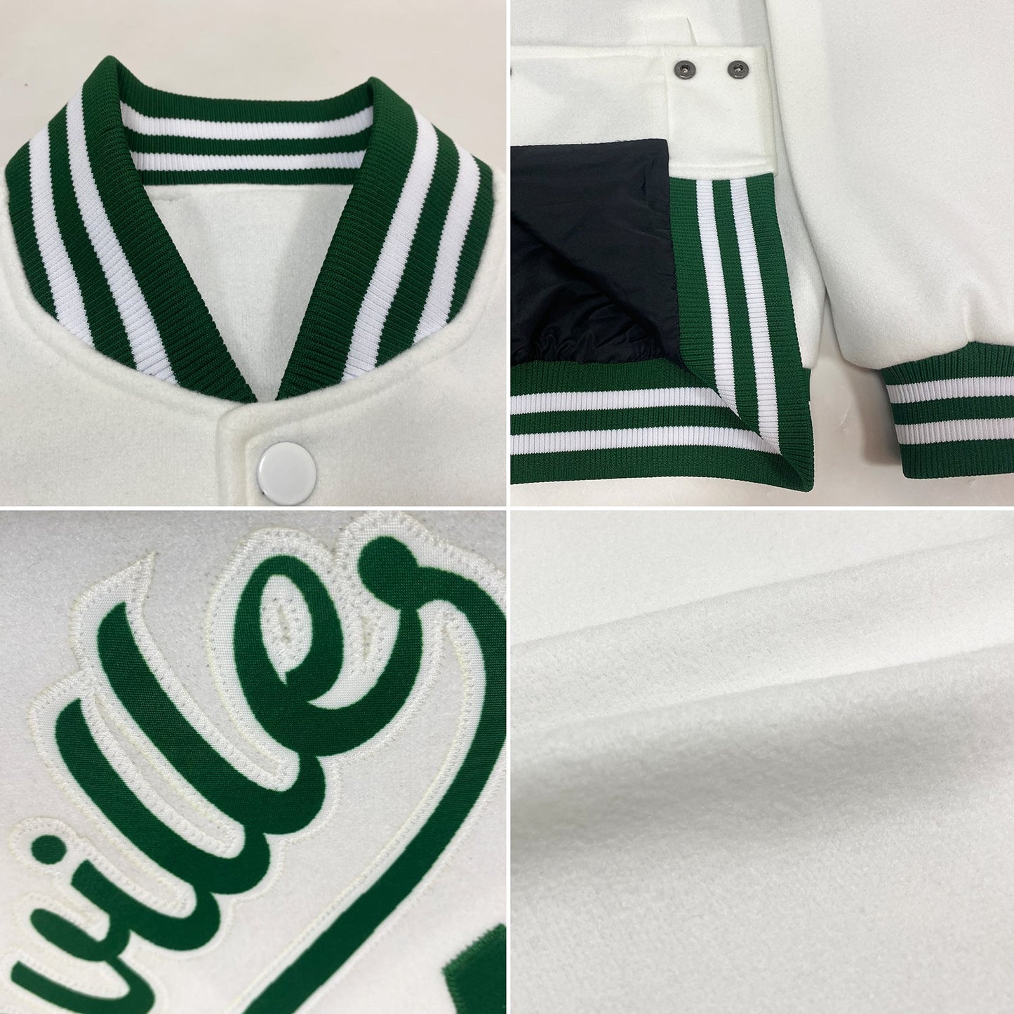 Custom White Kelly Green Bomber Full-Snap Varsity Letterman Jacket view 4
