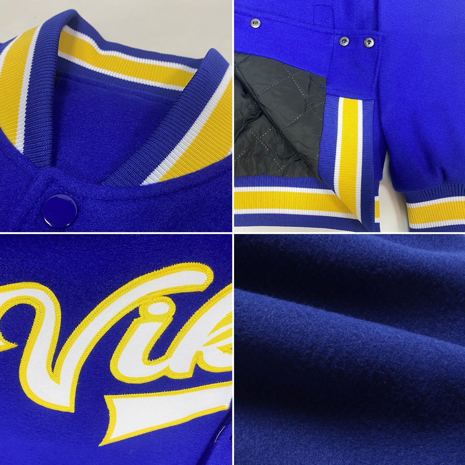 Custom Royal White-Yellow Bomber Full-Snap Varsity Letterman Jacket view 4