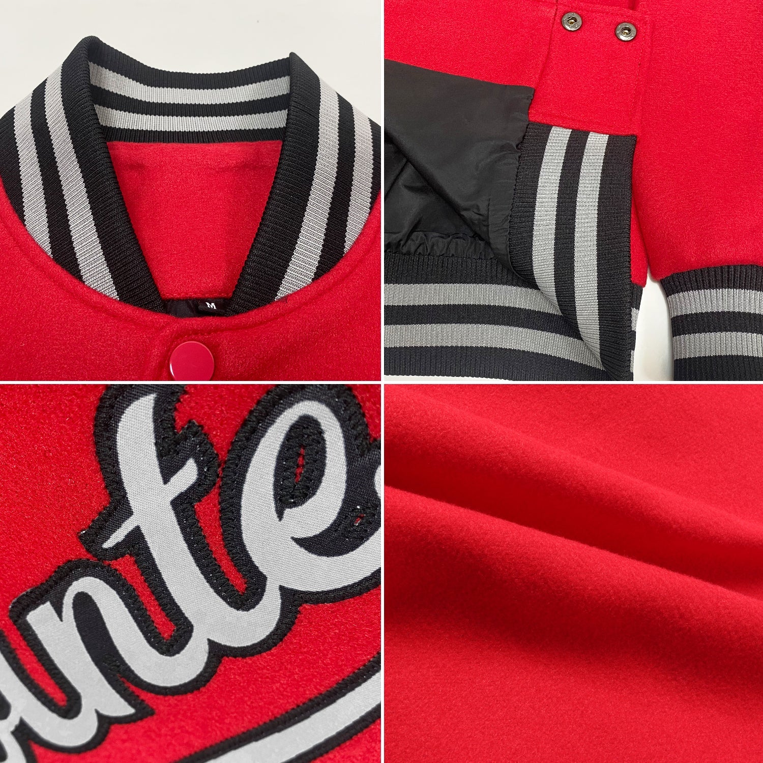Custom Red Gray-Black Bomber Full-Snap Varsity Letterman Jacket view 4