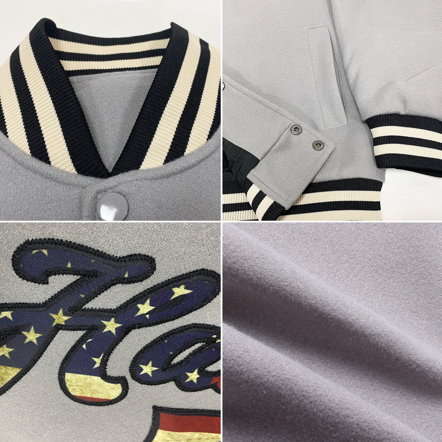 Custom Gray Vintage USA Flag Black-Cream Bomber Full-Snap Varsity Letterman Jacket view 4