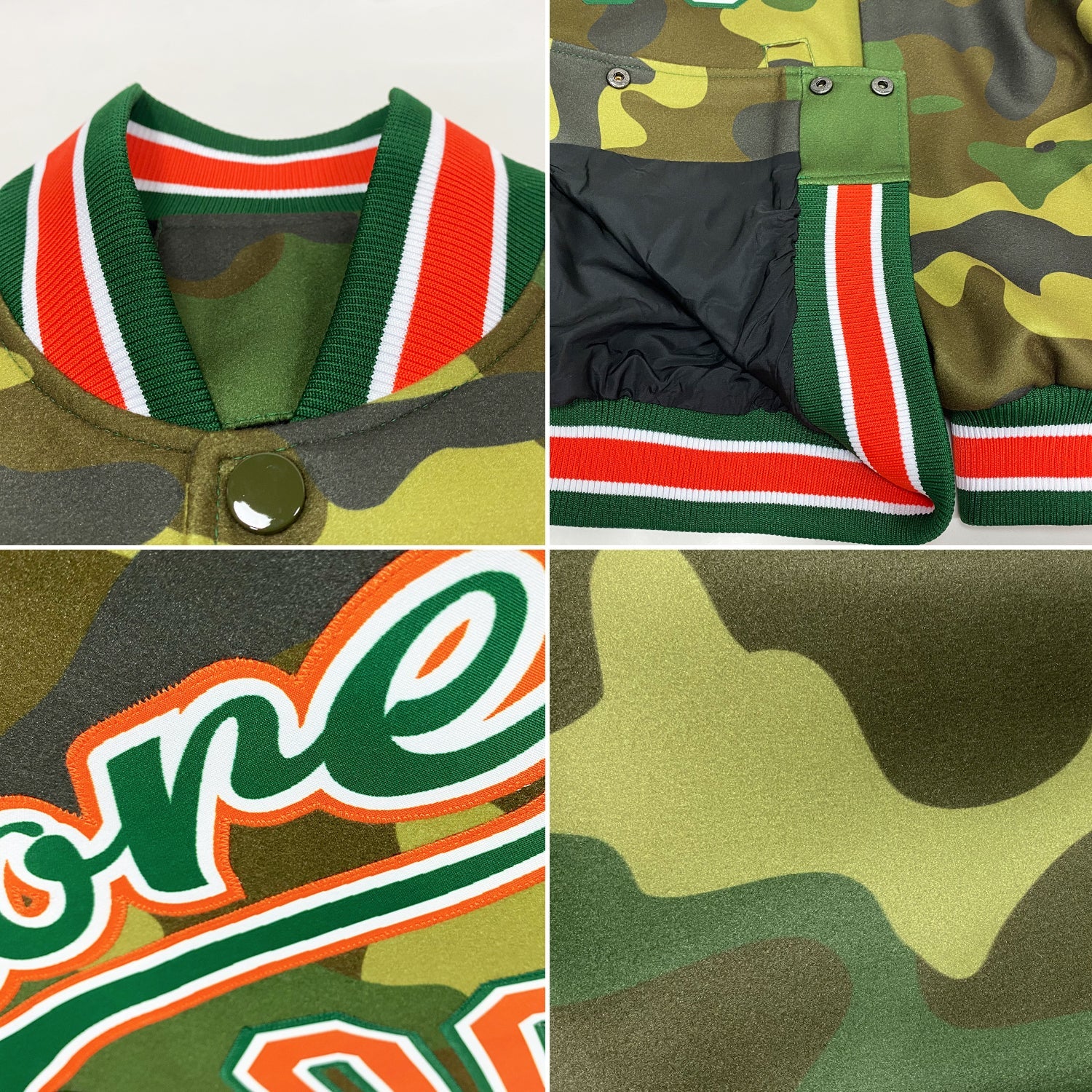 Custom Camo Orange-Kelly Green Bomber Full-Snap Varsity Letterman Salute To Service Jacket view 4