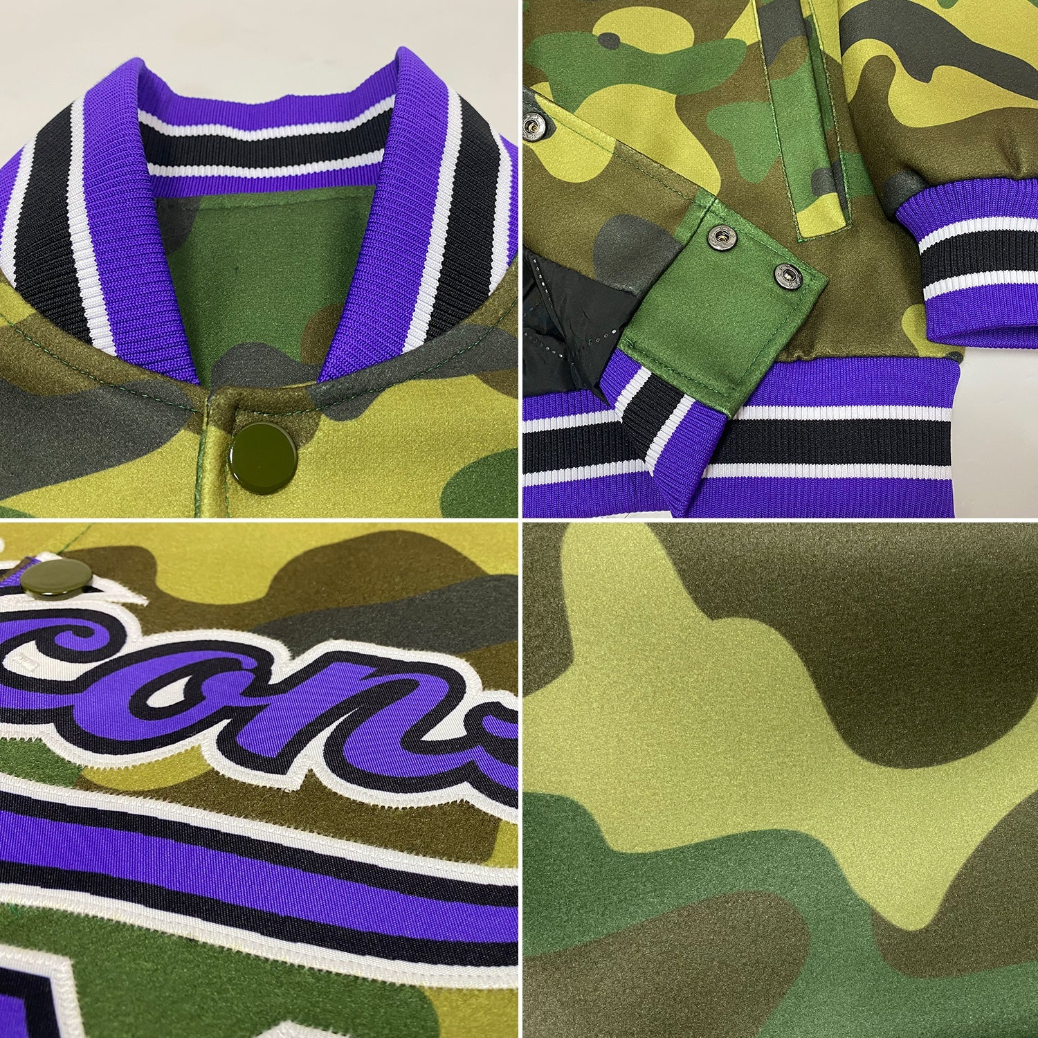 Custom Camo Purple-Black Bomber Full-Snap Varsity Letterman Salute To Service Jacket view 4
