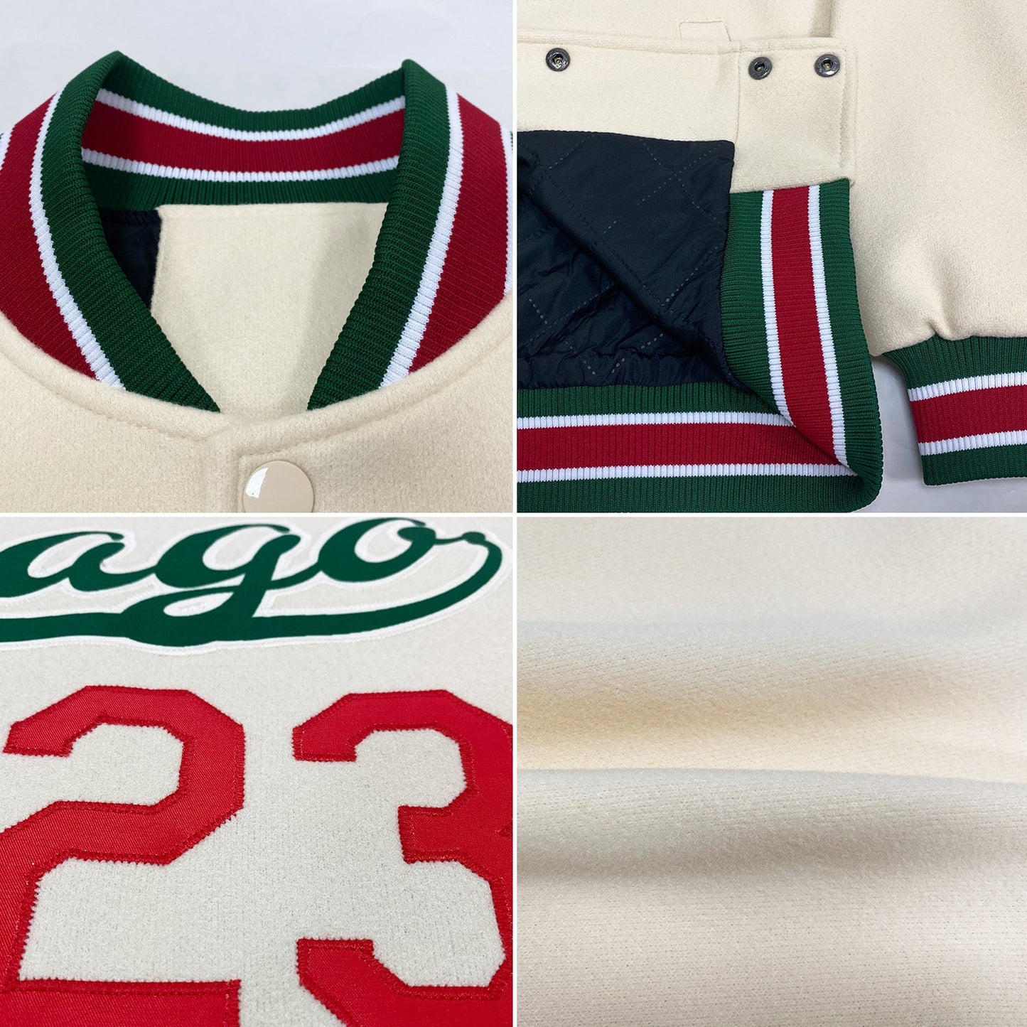 Custom Cream Kelly Green-Red Bomber Full-Snap Varsity Letterman Jacket view 4