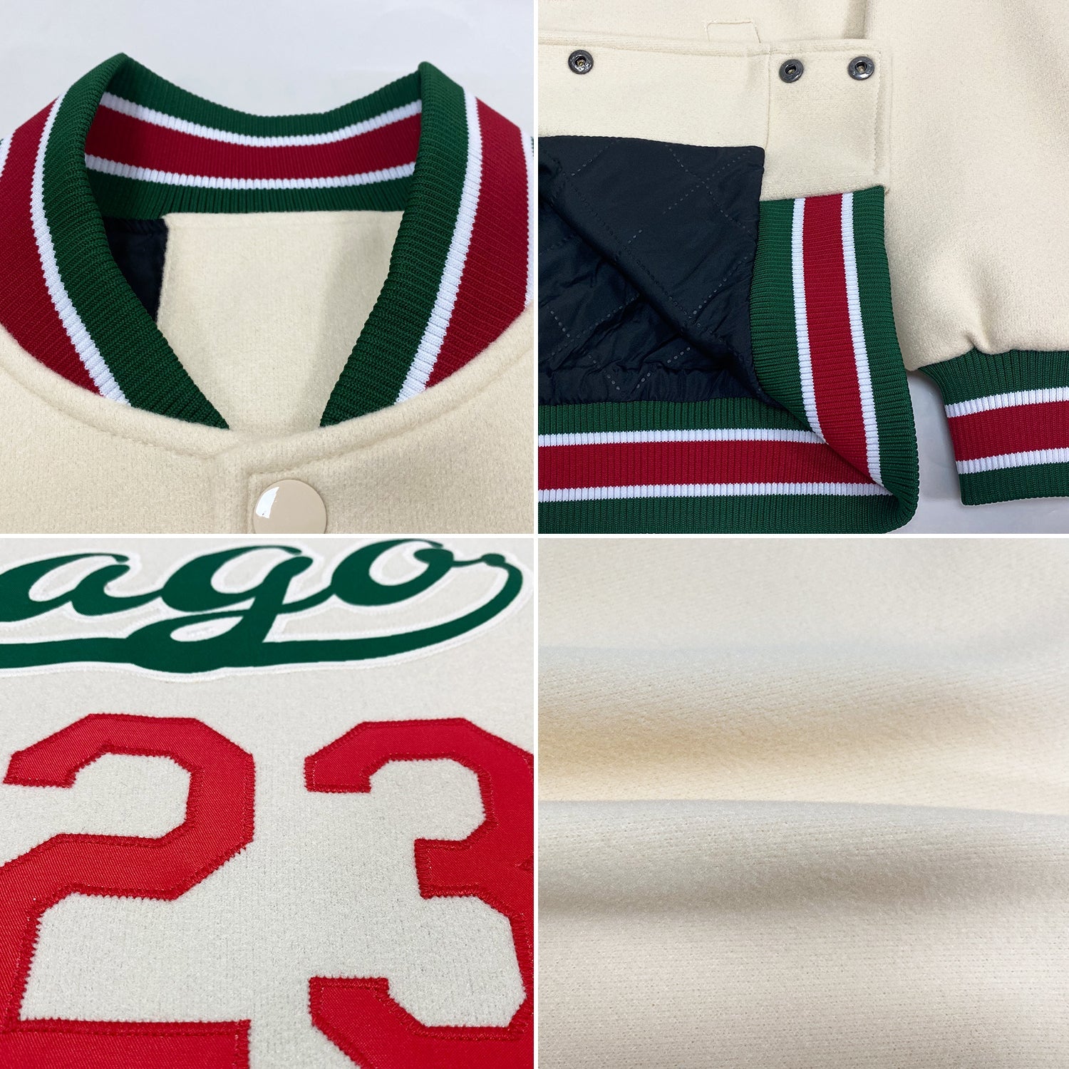 Custom Cream Kelly Green-Red Bomber Full-Snap Varsity Letterman Jacket view 4