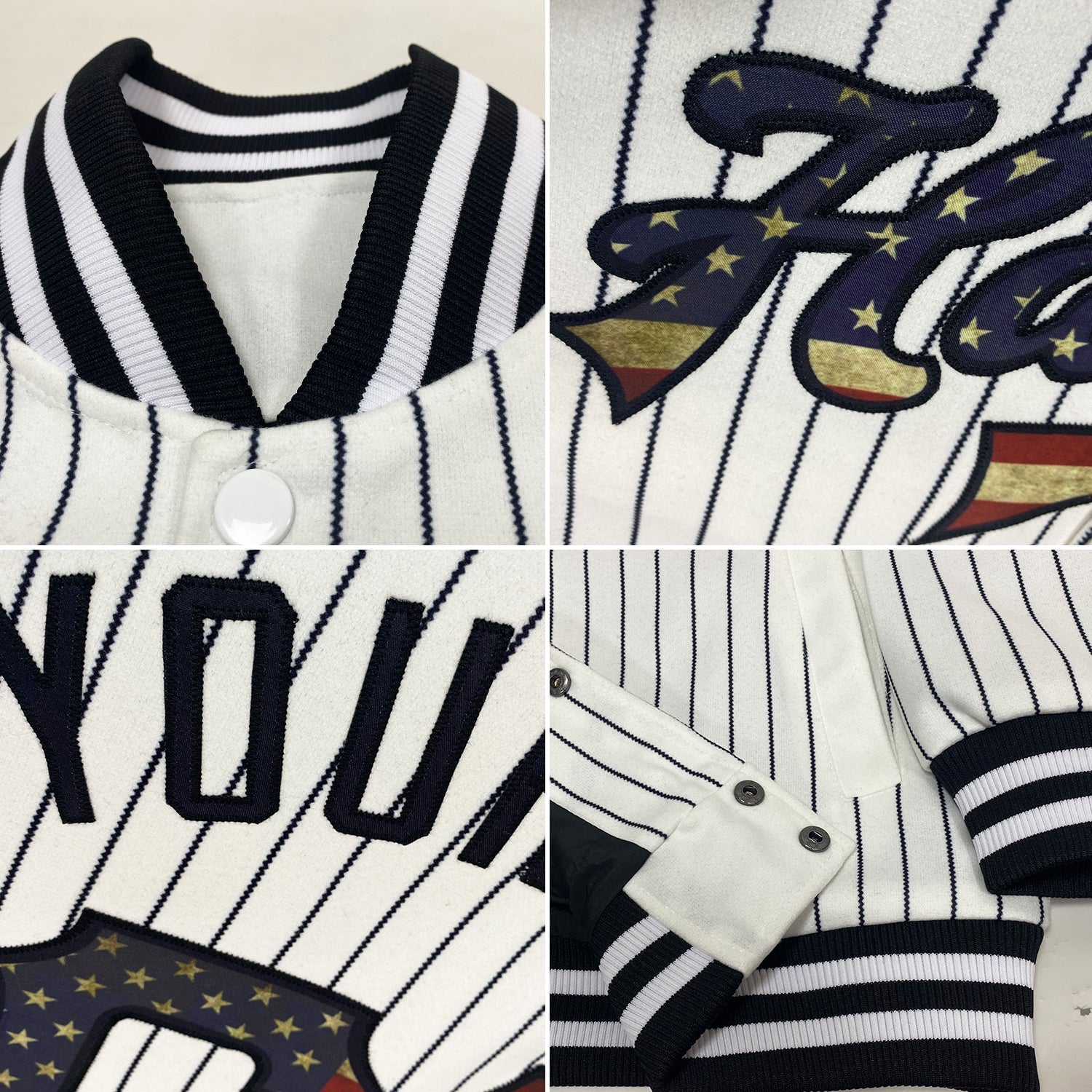 Custom White Black Pinstripe Vintage USA Flag Bomber Full-Snap Varsity Letterman Jacket view 4