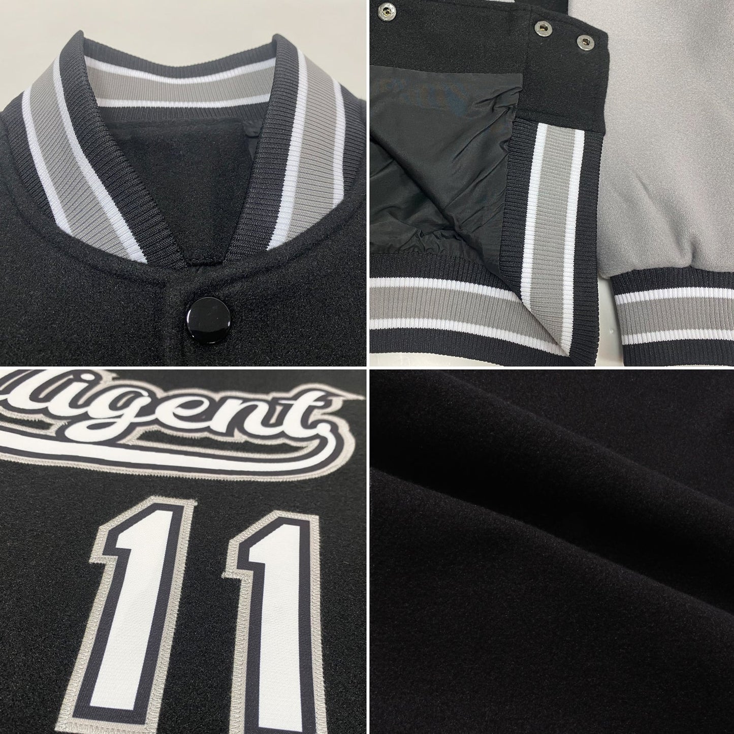 Custom Black White-Gray Bomber Full-Snap Varsity Letterman Two Tone Jacket view 4
