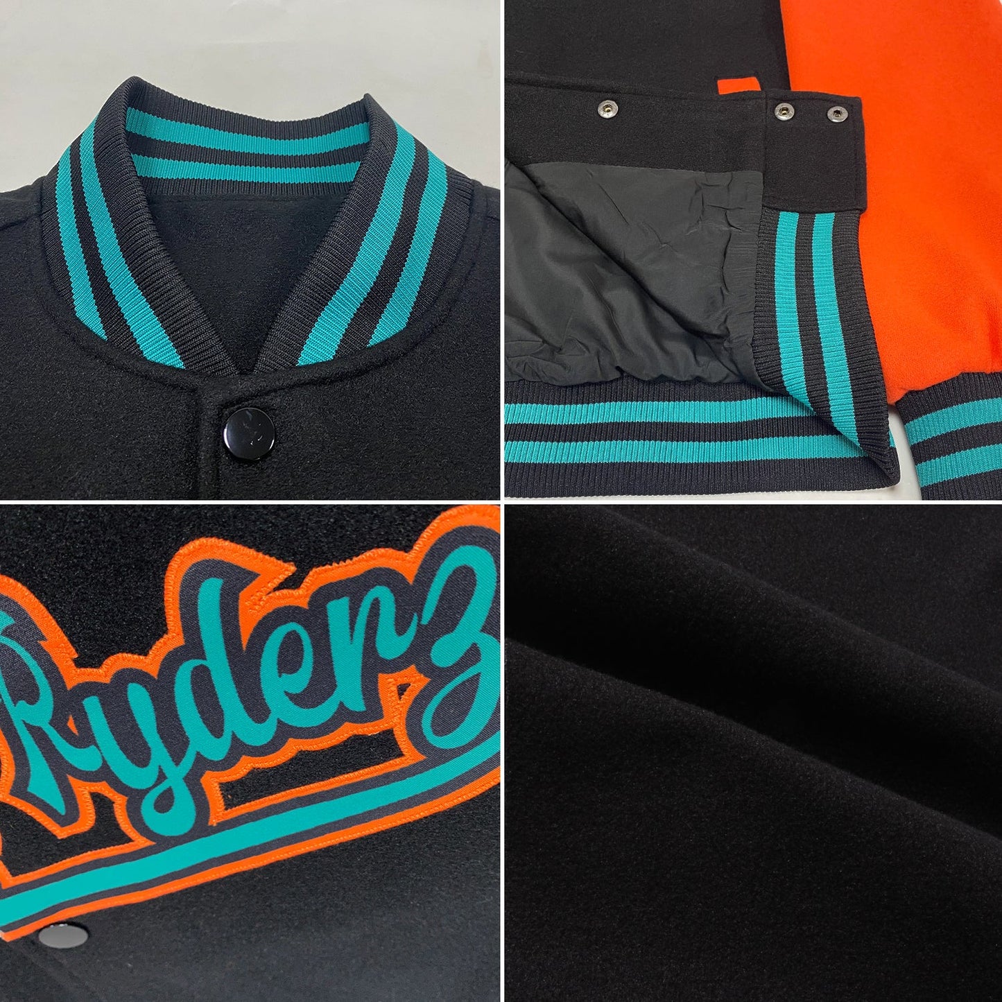 Custom Black Orange-Teal Bomber Full-Snap Varsity Letterman Two Tone Jacket view 4