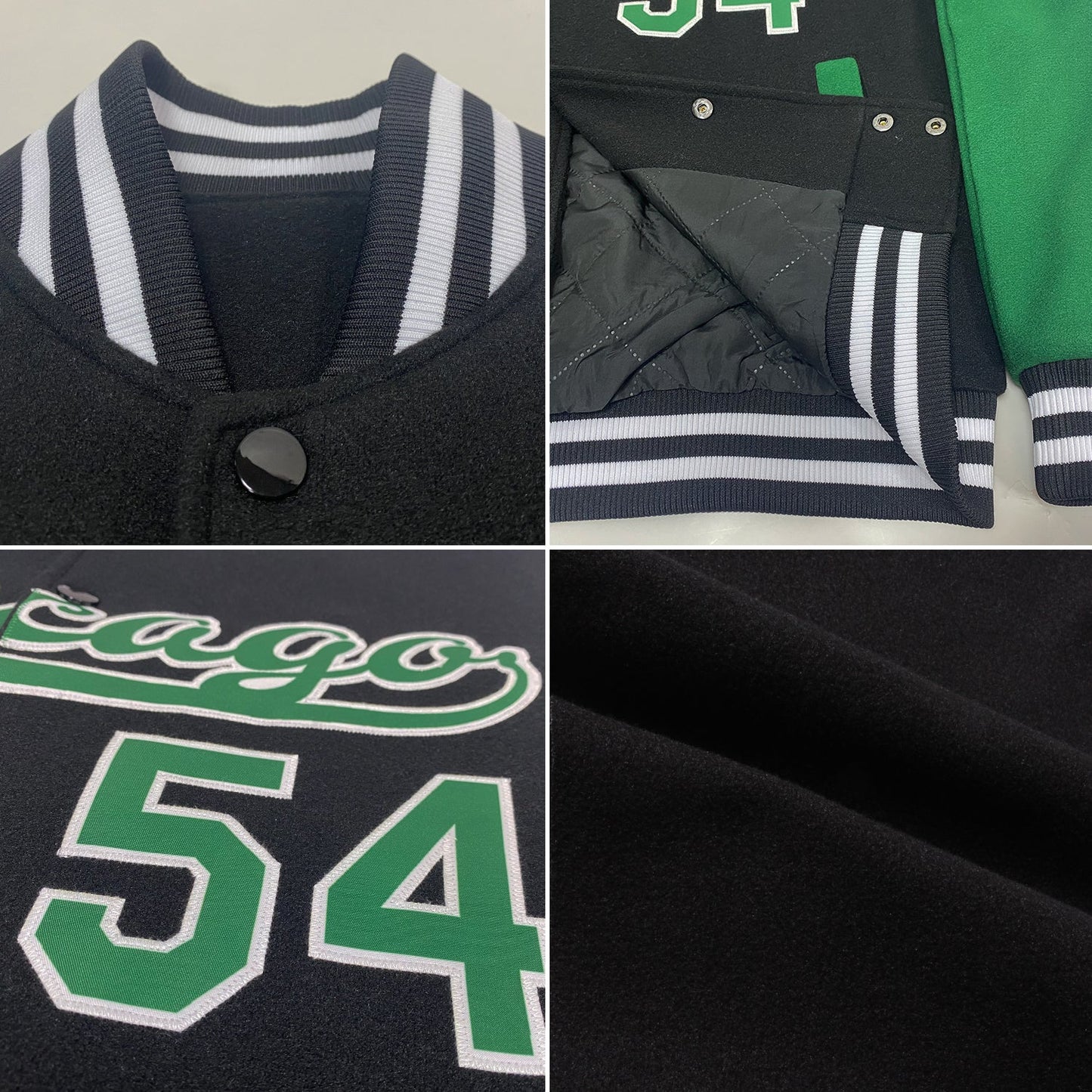 Custom Black Kelly Green-White Bomber Full-Snap Varsity Letterman Two Tone Jacket view 4