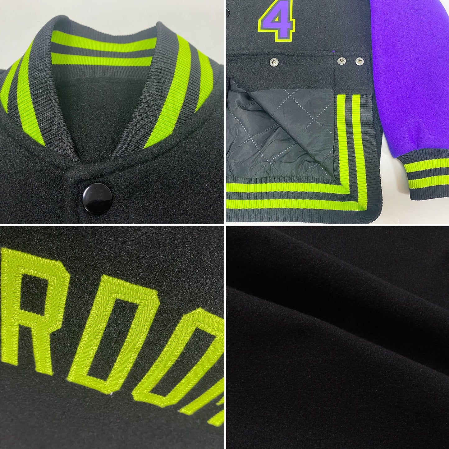 Custom Black Purple-Neon Green Bomber Full-Snap Varsity Letterman Two Tone Jacket view 4