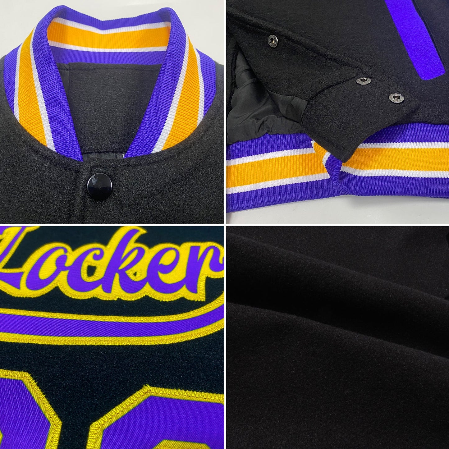 Custom Black Purple-Gold Bomber Full-Snap Varsity Letterman Two Tone Jacket view 4