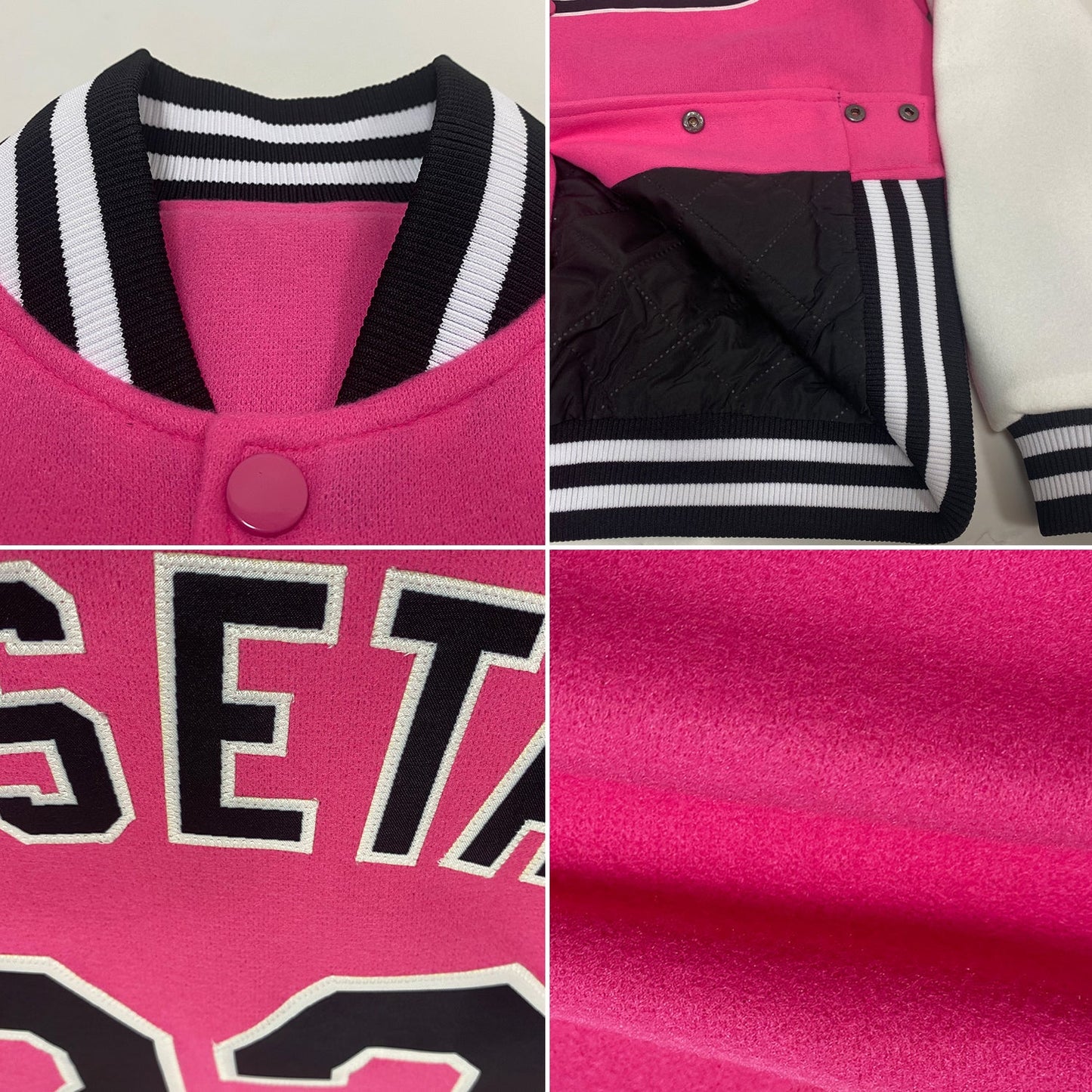 Custom Pink Black-White Bomber Full-Snap Varsity Letterman Two Tone Jacket view 4
