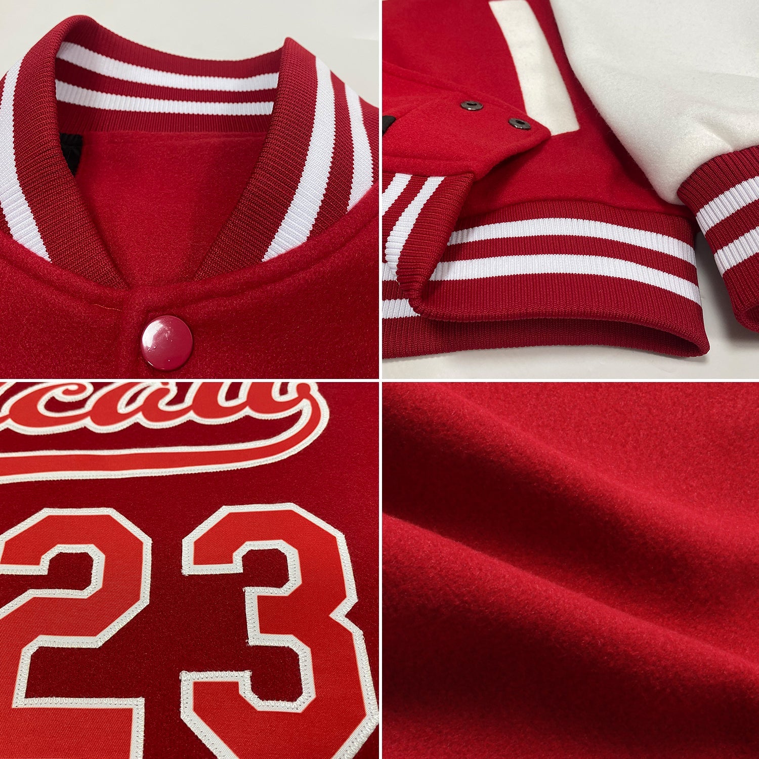 Custom Red White Bomber Full-Snap Varsity Letterman Two Tone Jacket view 4