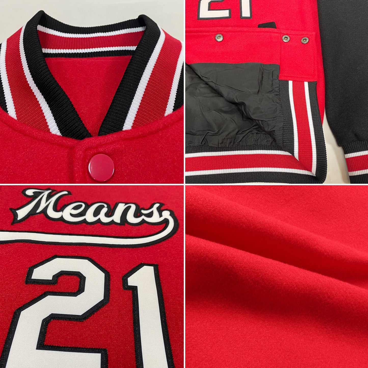 Custom Red White-Black Bomber Full-Snap Varsity Letterman Two Tone Jacket view 4