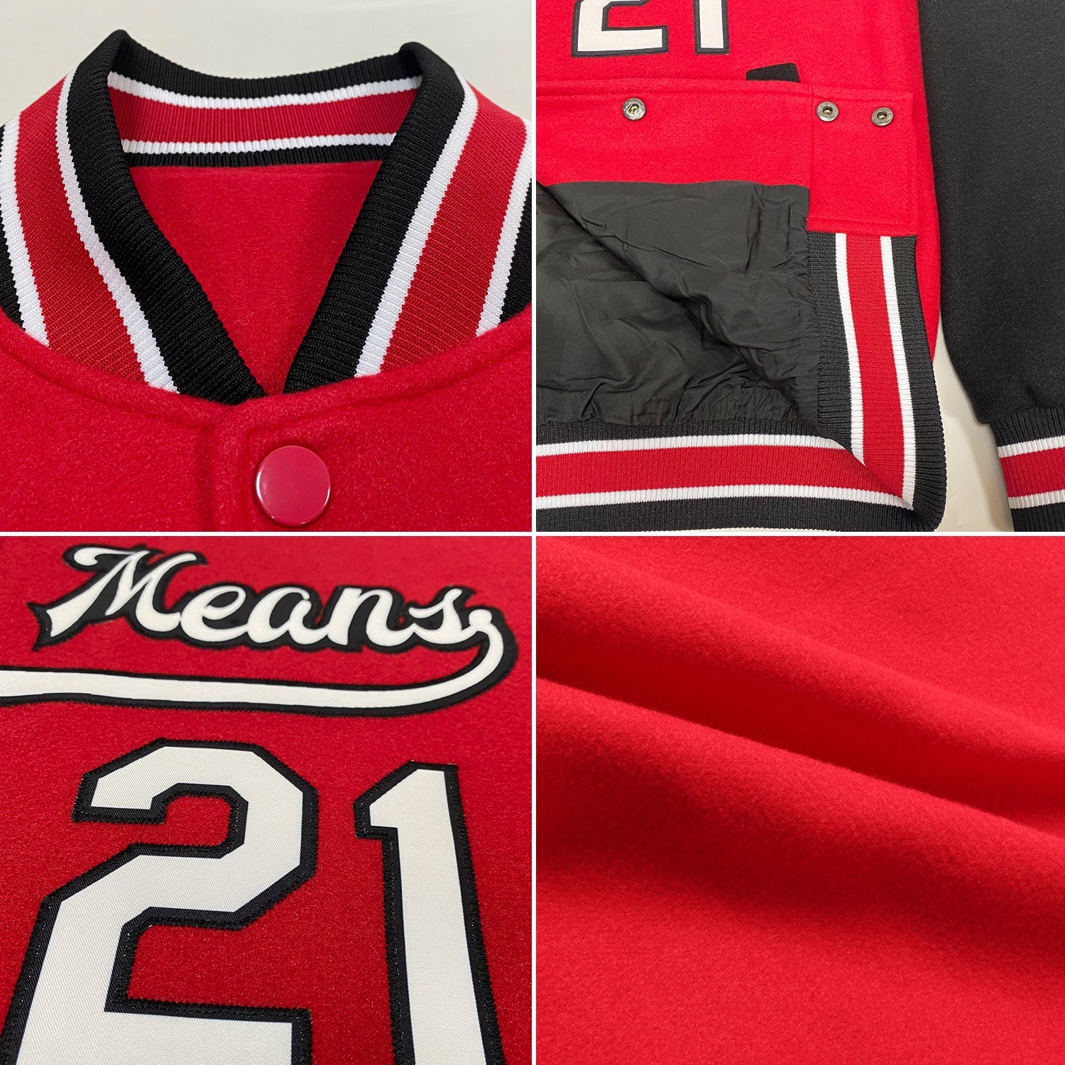 Custom Red White-Black Bomber Full-Snap Varsity Letterman Two Tone Jacket view 4