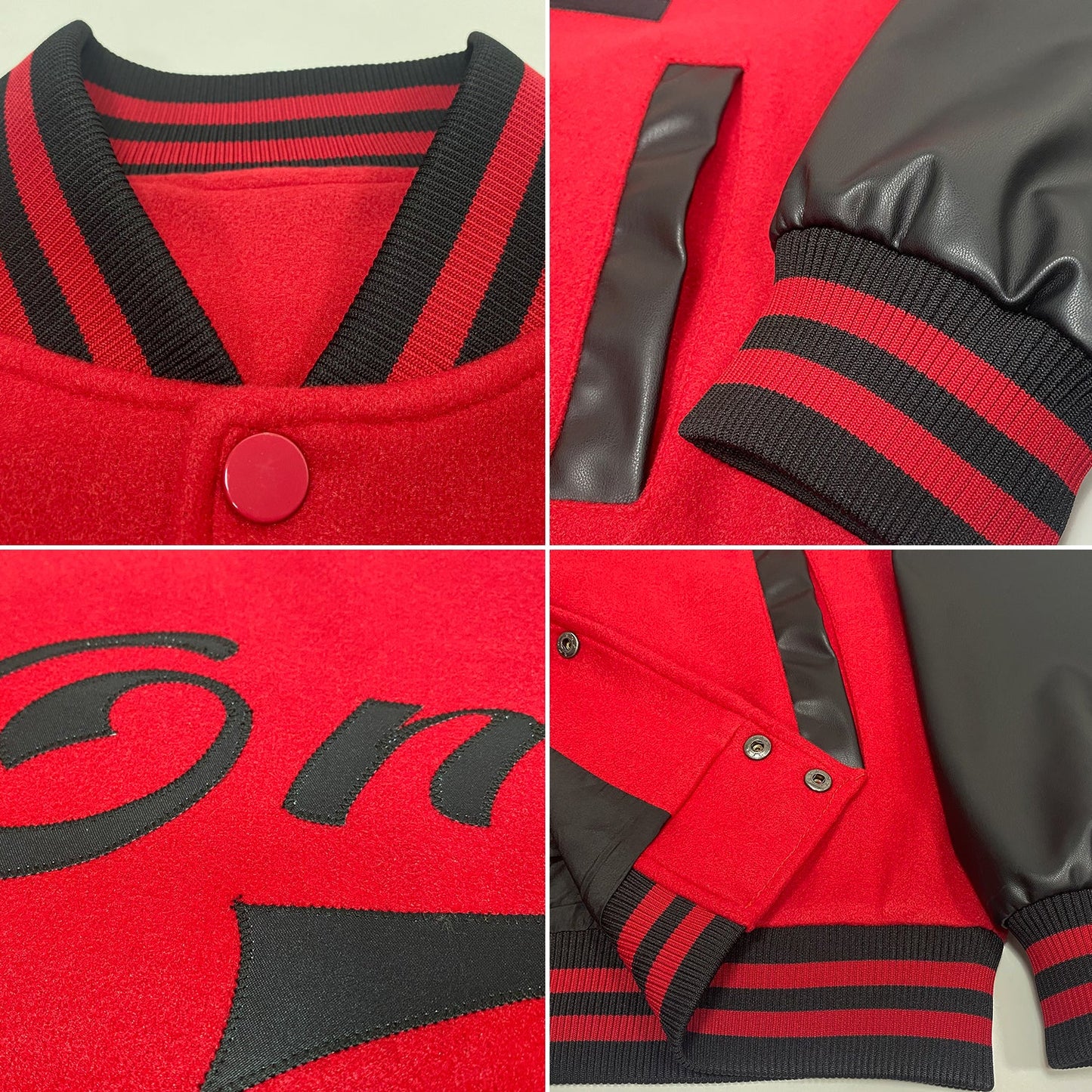 Custom Red Black Bomber Full-Snap Varsity Letterman Two Tone Jacket view 4