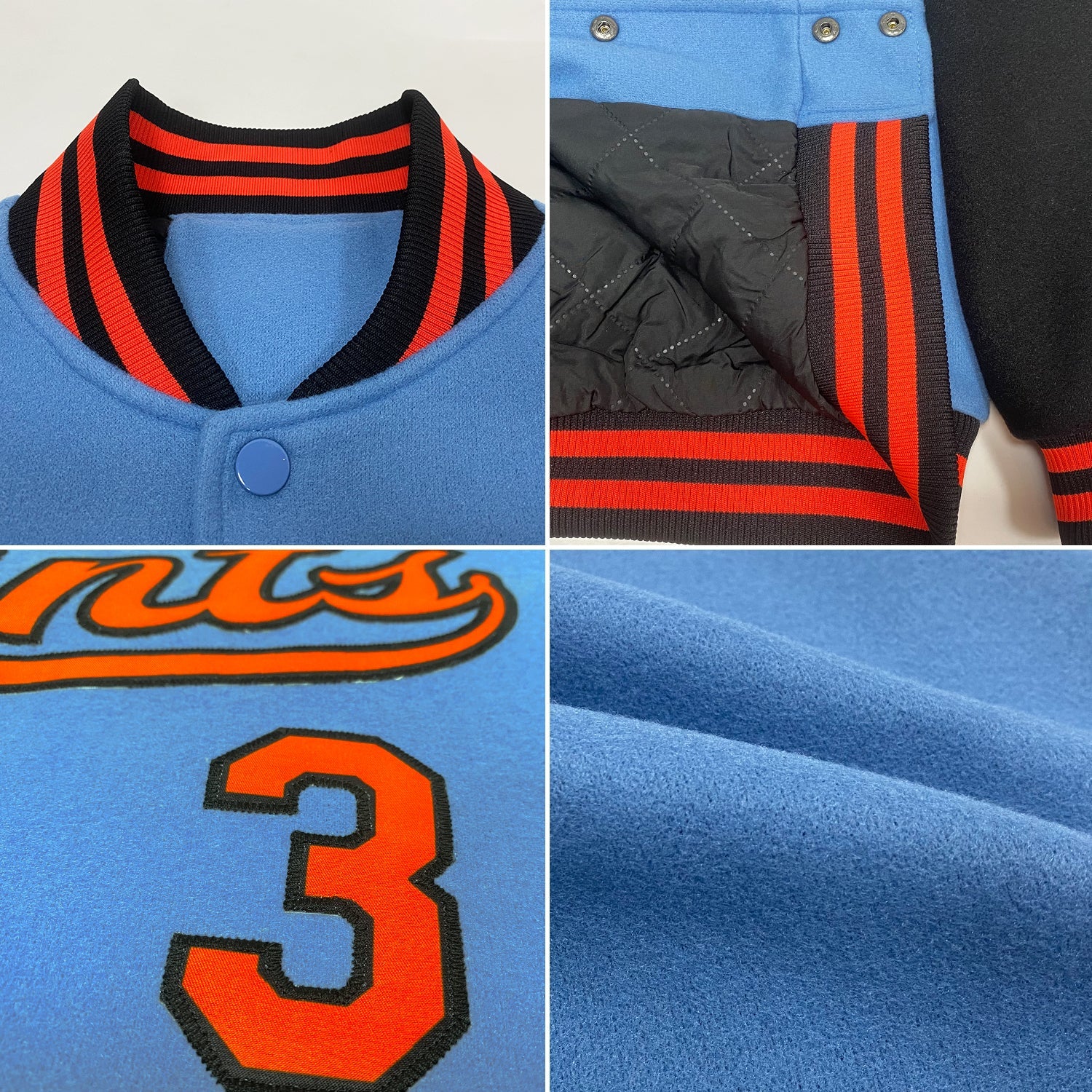 Custom Light Blue Orange-Black Bomber Full-Snap Varsity Letterman Two Tone Jacket view 4