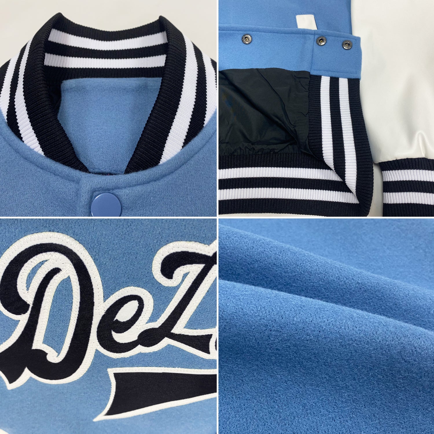 Custom Light Blue Black-White Bomber Full-Snap Varsity Letterman Two Tone Jacket view 4
