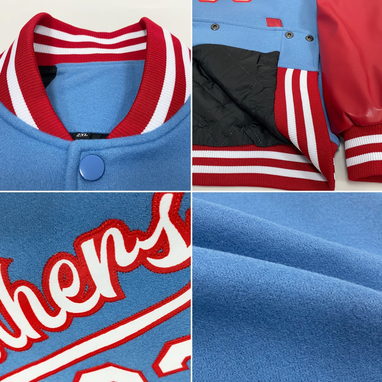 Custom Light Blue White-Red Bomber Full-Snap Varsity Letterman Two Tone Jacket view 4