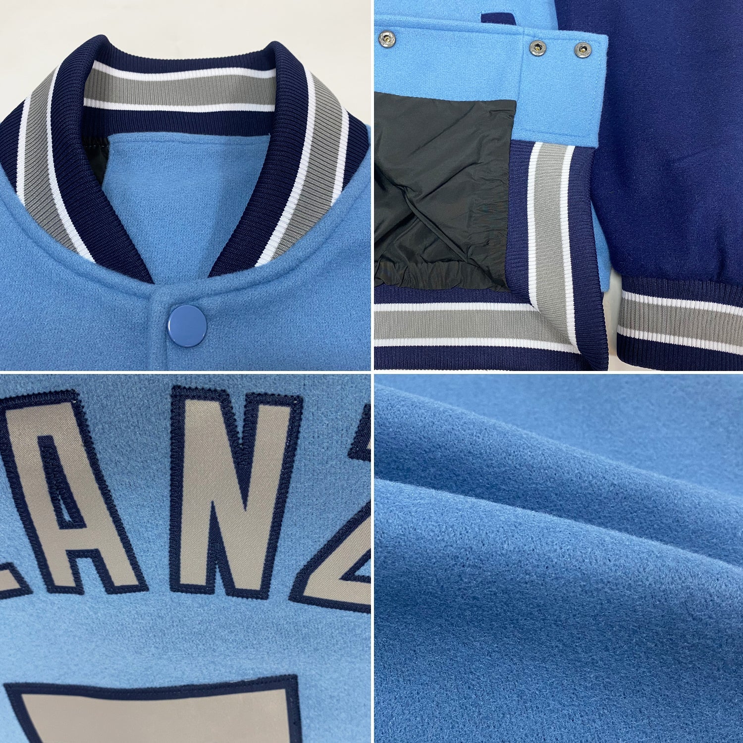 Custom Light Blue Gray-Navy Bomber Full-Snap Varsity Letterman Two Tone Jacket view 4