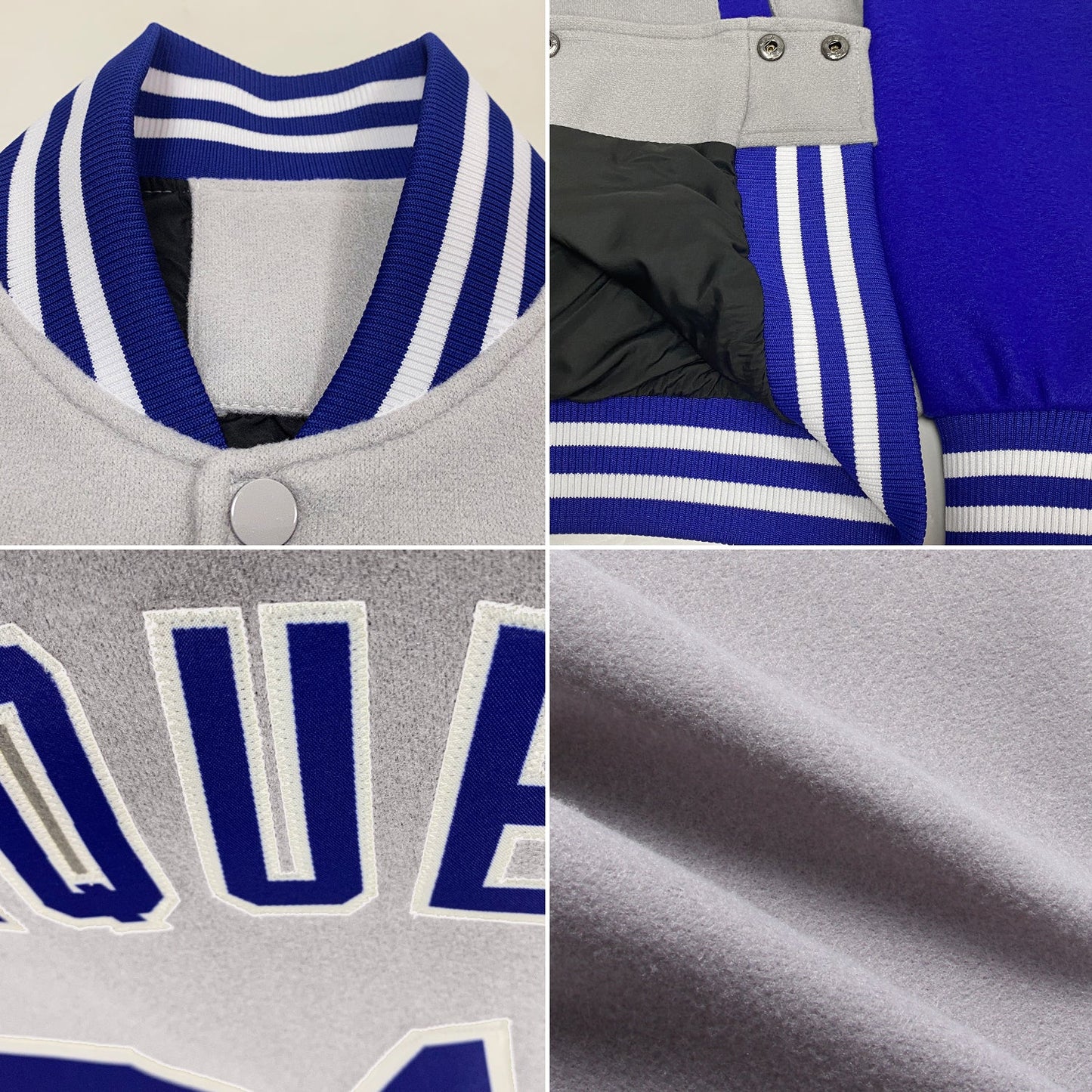 Custom Gray Royal-White Bomber Full-Snap Varsity Letterman Two Tone Jacket view 4