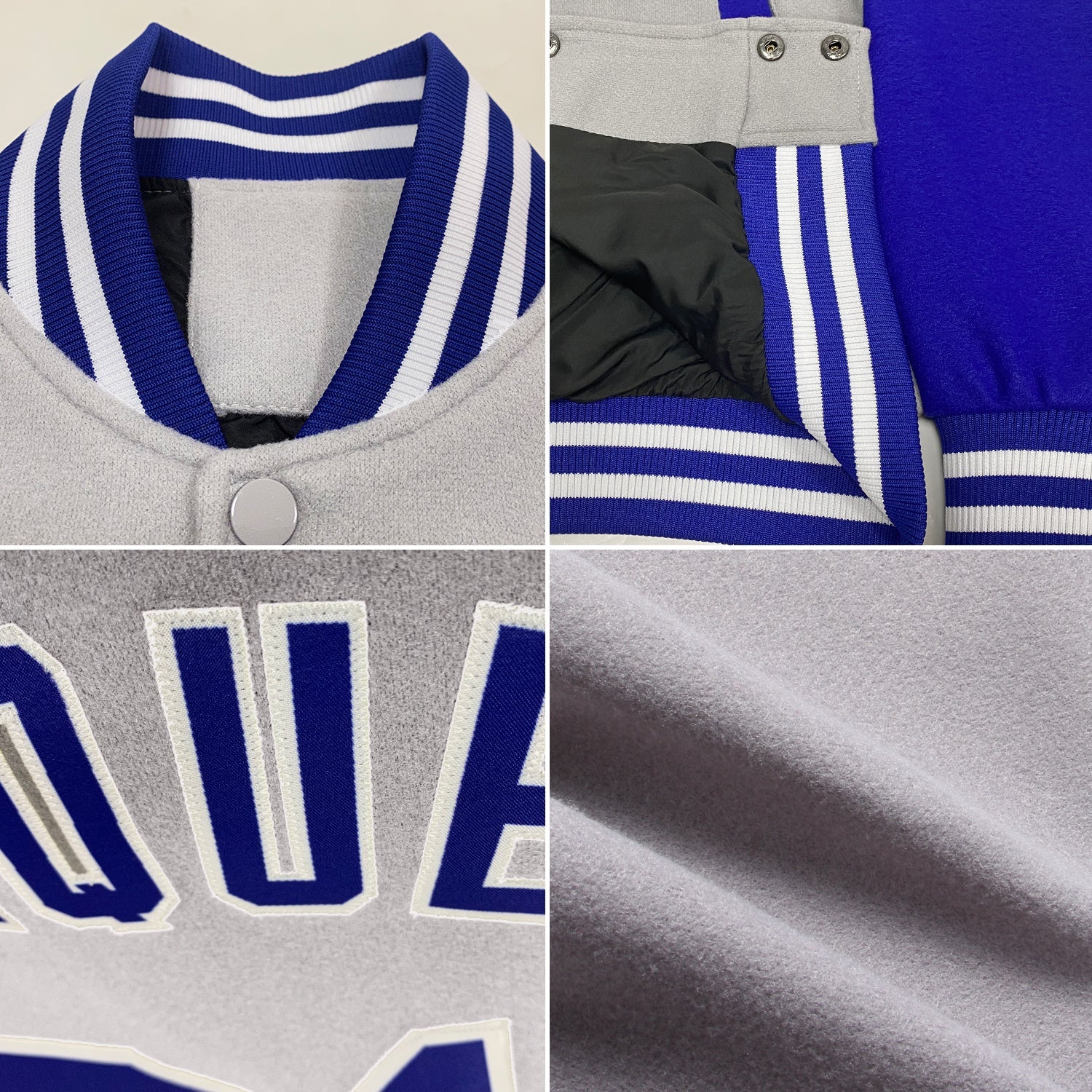 Custom Gray Royal-White Bomber Full-Snap Varsity Letterman Two Tone Jacket view 4