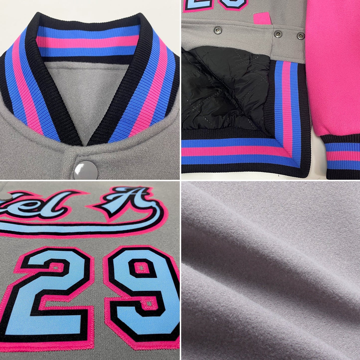 Custom Gray Light Blue Black-Pink Bomber Full-Snap Varsity Letterman Two Tone Jacket view 4