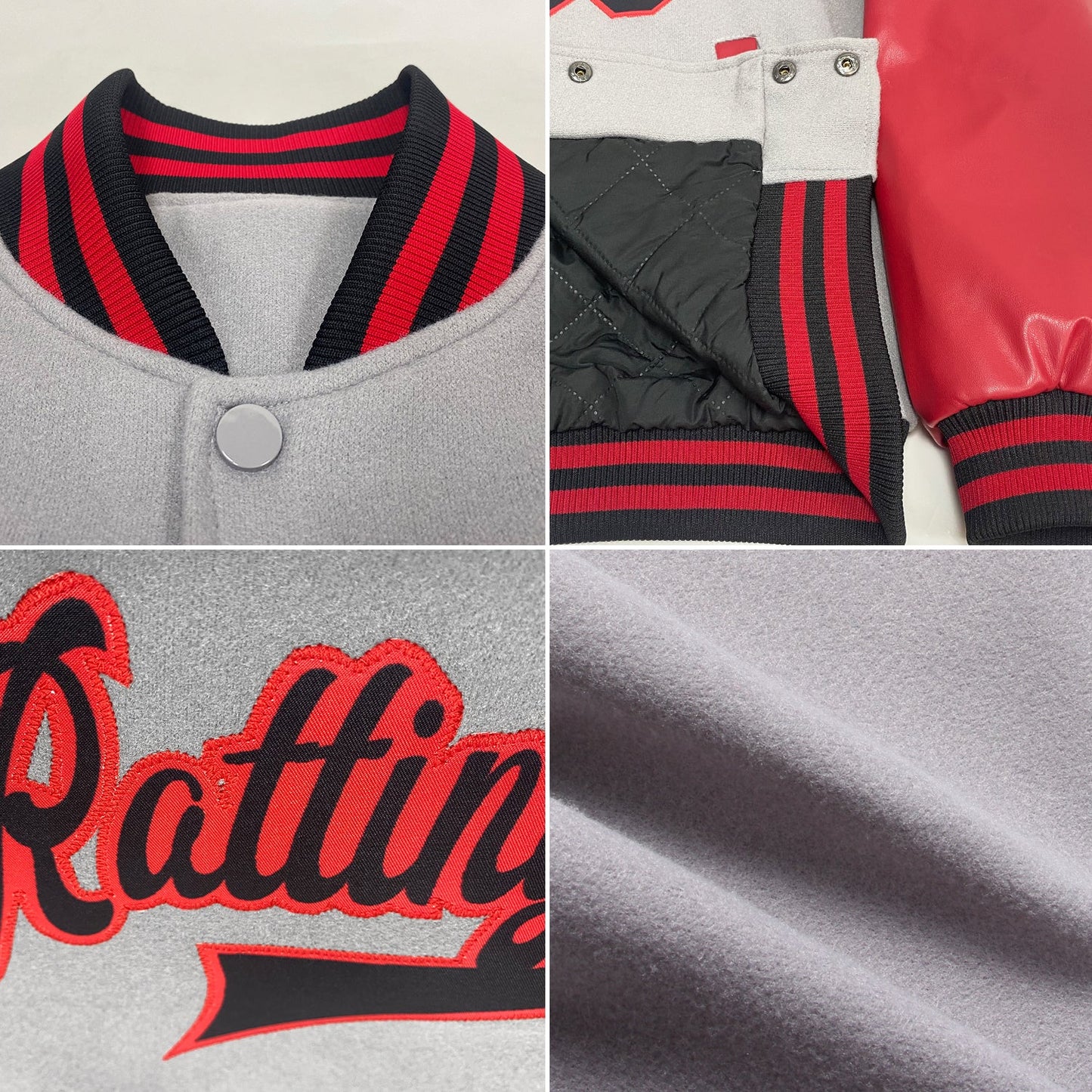 Custom Gray Black-Red Bomber Full-Snap Varsity Letterman Two Tone Jacket view 4