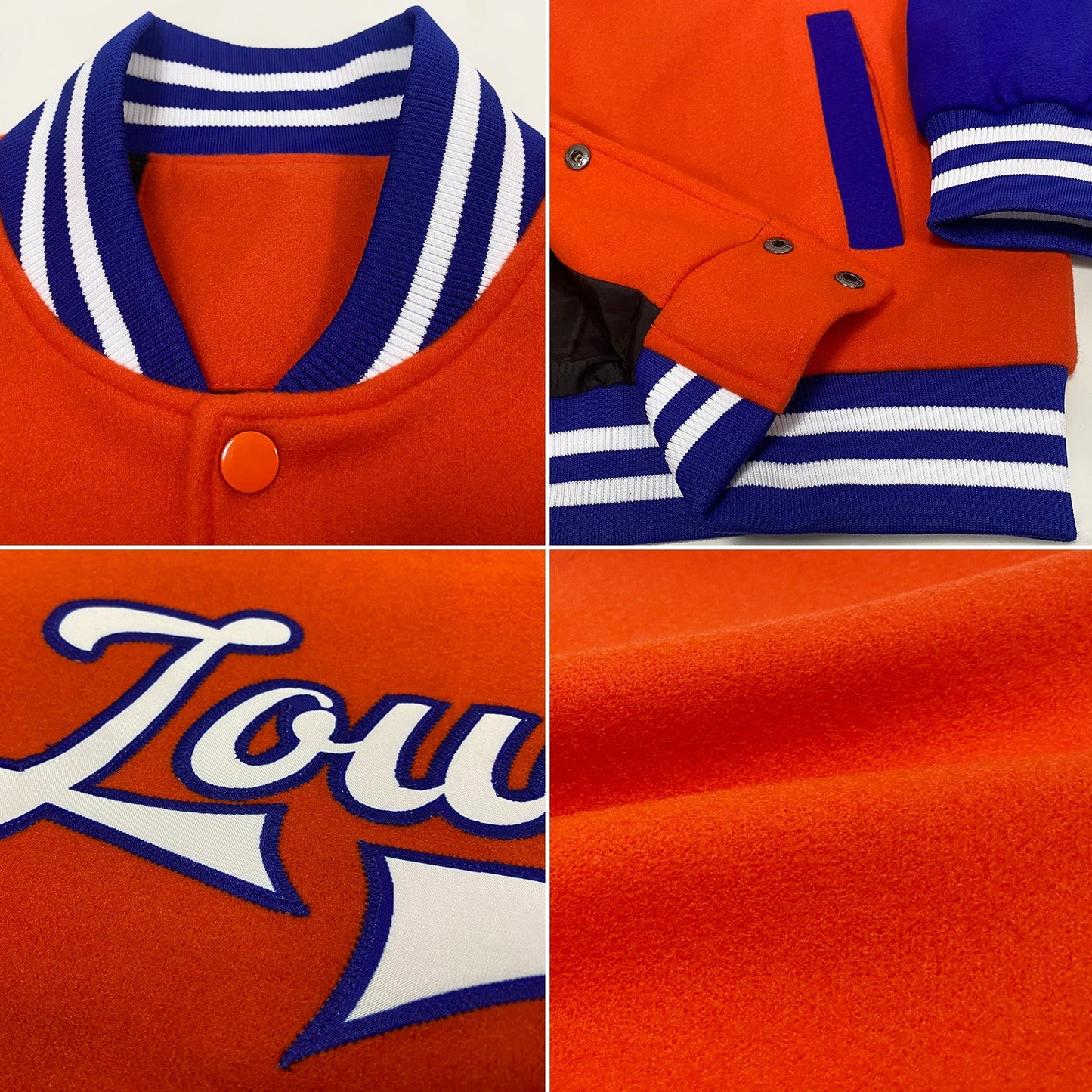 Custom Orange White-Royal Bomber Full-Snap Varsity Letterman Two Tone Jacket view 4