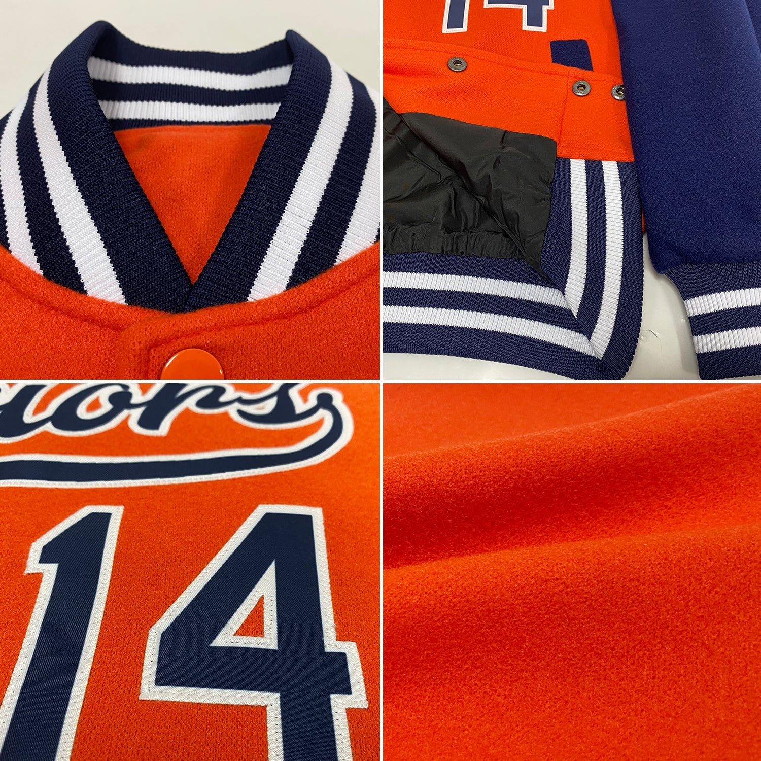 Custom Orange Navy-White Bomber Full-Snap Varsity Letterman Two Tone Jacket view 4