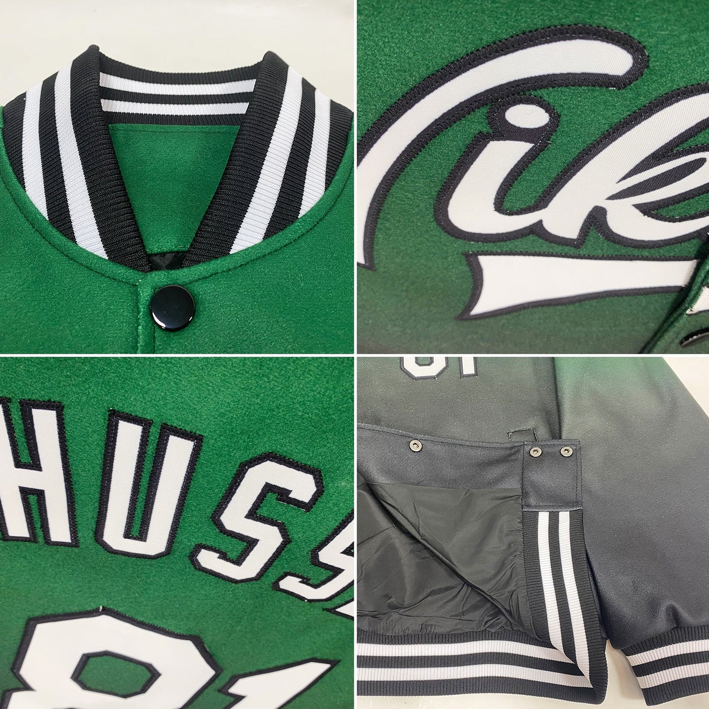 Custom Kelly Green White-Black Bomber Full-Snap Varsity Letterman Fade Fashion Jacket view 4