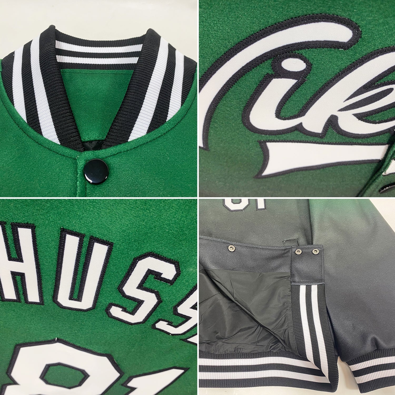 Custom Kelly Green White-Black Bomber Full-Snap Varsity Letterman Fade Fashion Jacket view 4