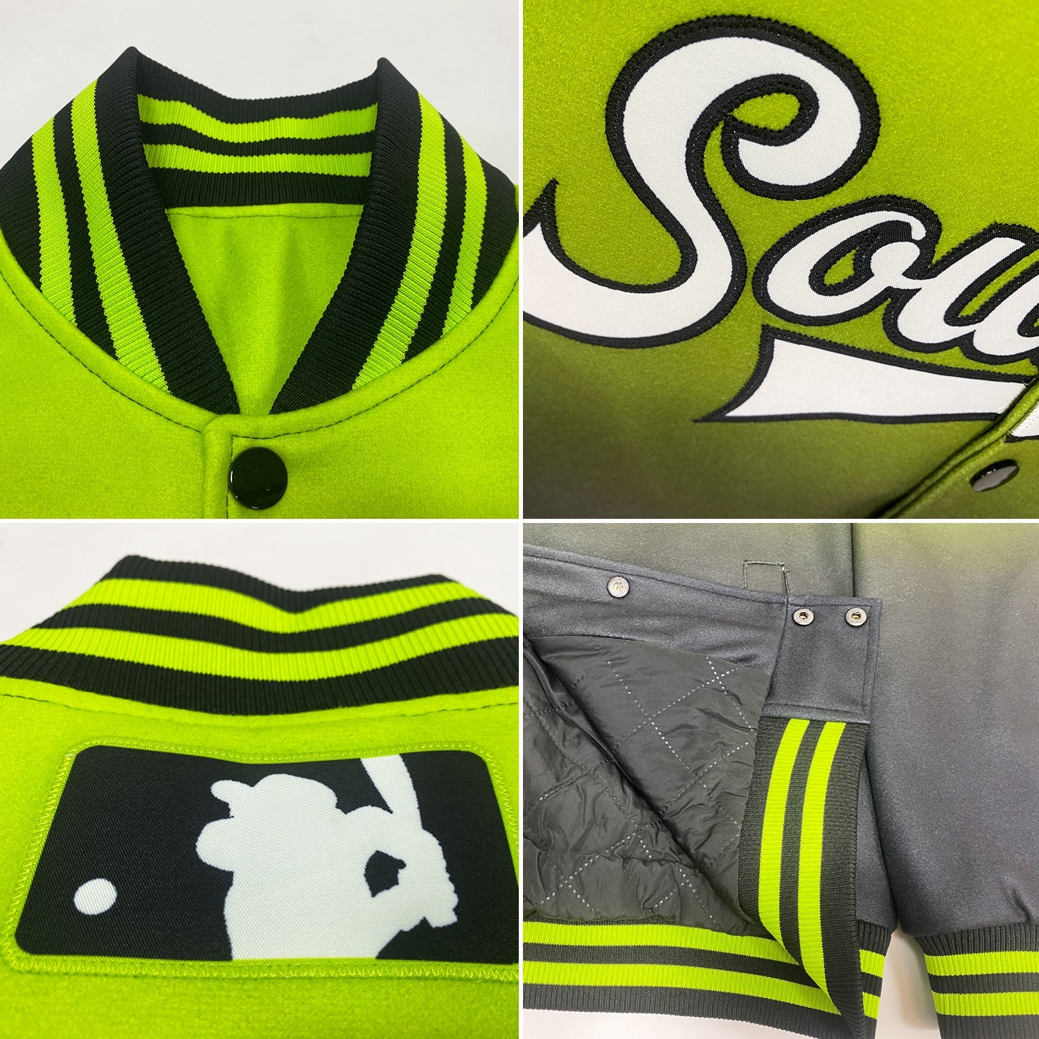 Custom Neon Green White-Black Bomber Full-Snap Varsity Letterman Fade Fashion Jacket view 4