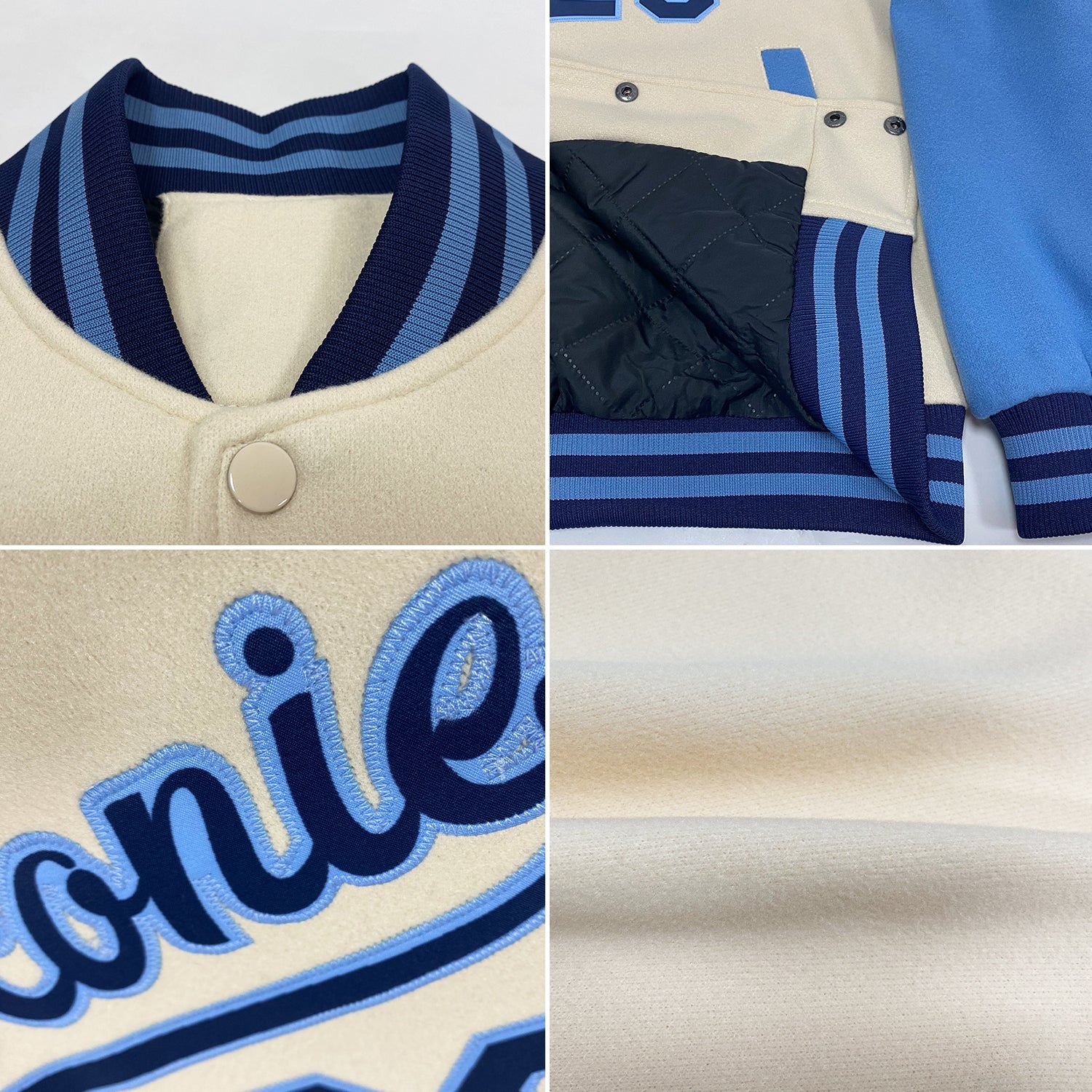 Custom Cream Navy-Light Blue Bomber Full-Snap Varsity Letterman Two Tone Jacket view 4