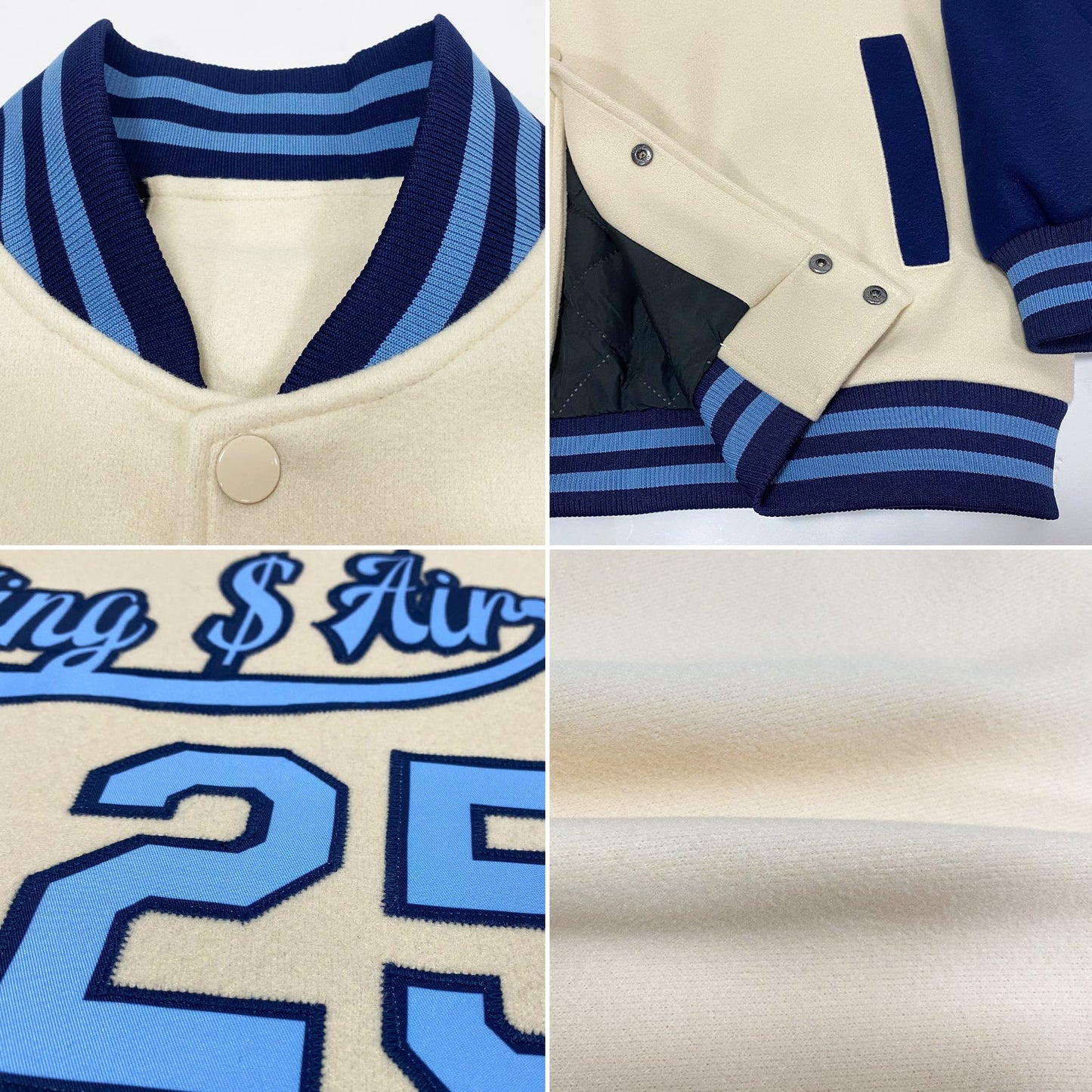 Custom Cream Light Blue-Navy Bomber Full-Snap Varsity Letterman Two Tone Jacket view 4