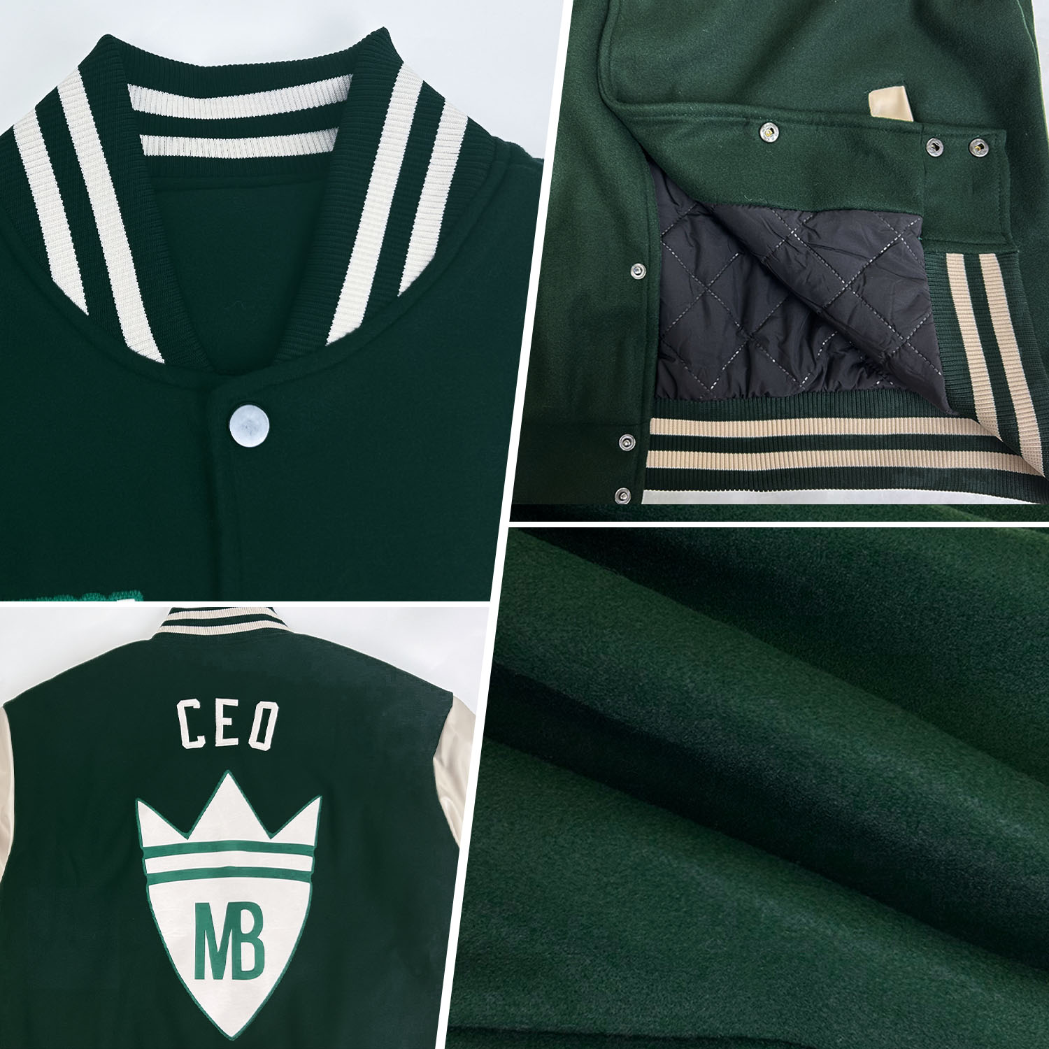 Custom Green Cream Bomber Full-Snap Varsity Letterman Two Tone Jacket view 4