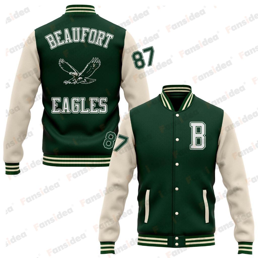 Custom Green Cream Bomber Full-Snap Varsity Letterman Two Tone BEAUFORT EAGLES Jacket - Main View
