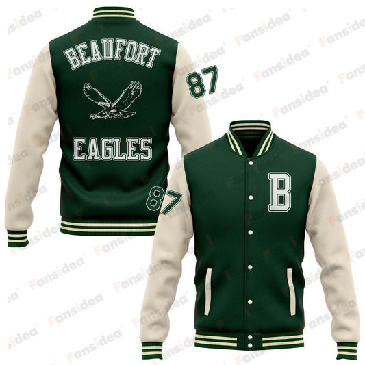 Custom Green Cream Bomber Full-Snap Varsity Letterman Two Tone BEAUFORT EAGLES Jacket - Main View