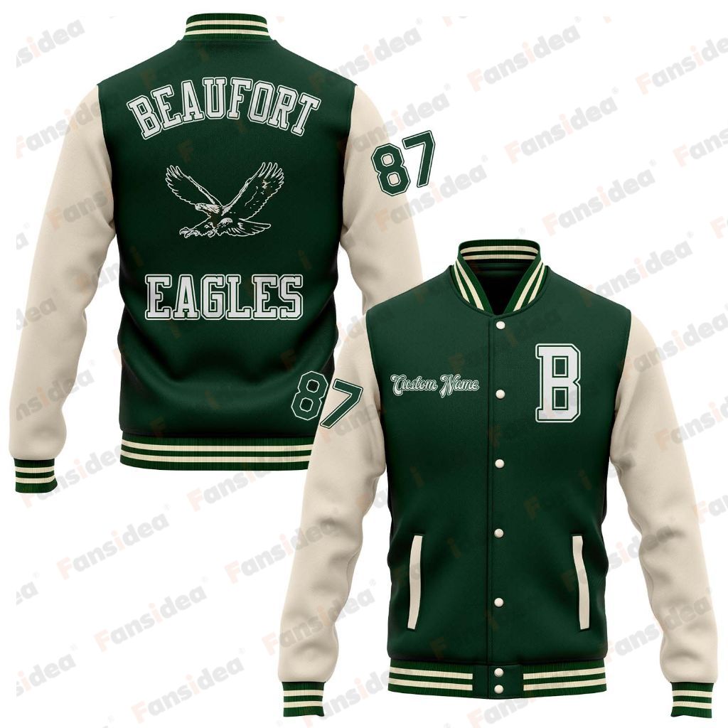 Custom Green Cream Bomber Full-Snap Varsity Letterman Two Tone BEAUFORT EAGLES Right Chest Name Jacket - Main View