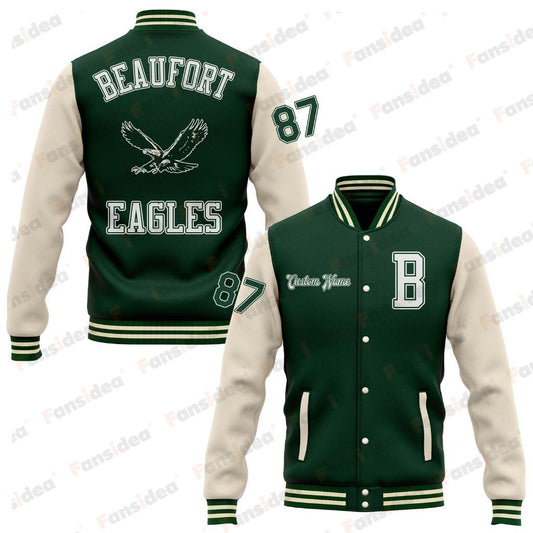 Custom Green Cream Bomber Full-Snap Varsity Letterman Two Tone BEAUFORT EAGLES Right Chest Name Jacket - Main View