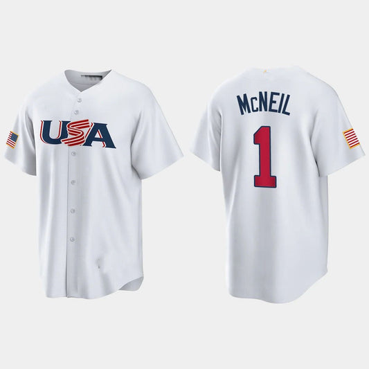 #1 JEFF MCNEIL NEW YORK METS 2023 WORLD BASEBALL CLASSIC USA REPLICA JERSEY ¨C WHITE Stitches Baseball Jerseys - Main View