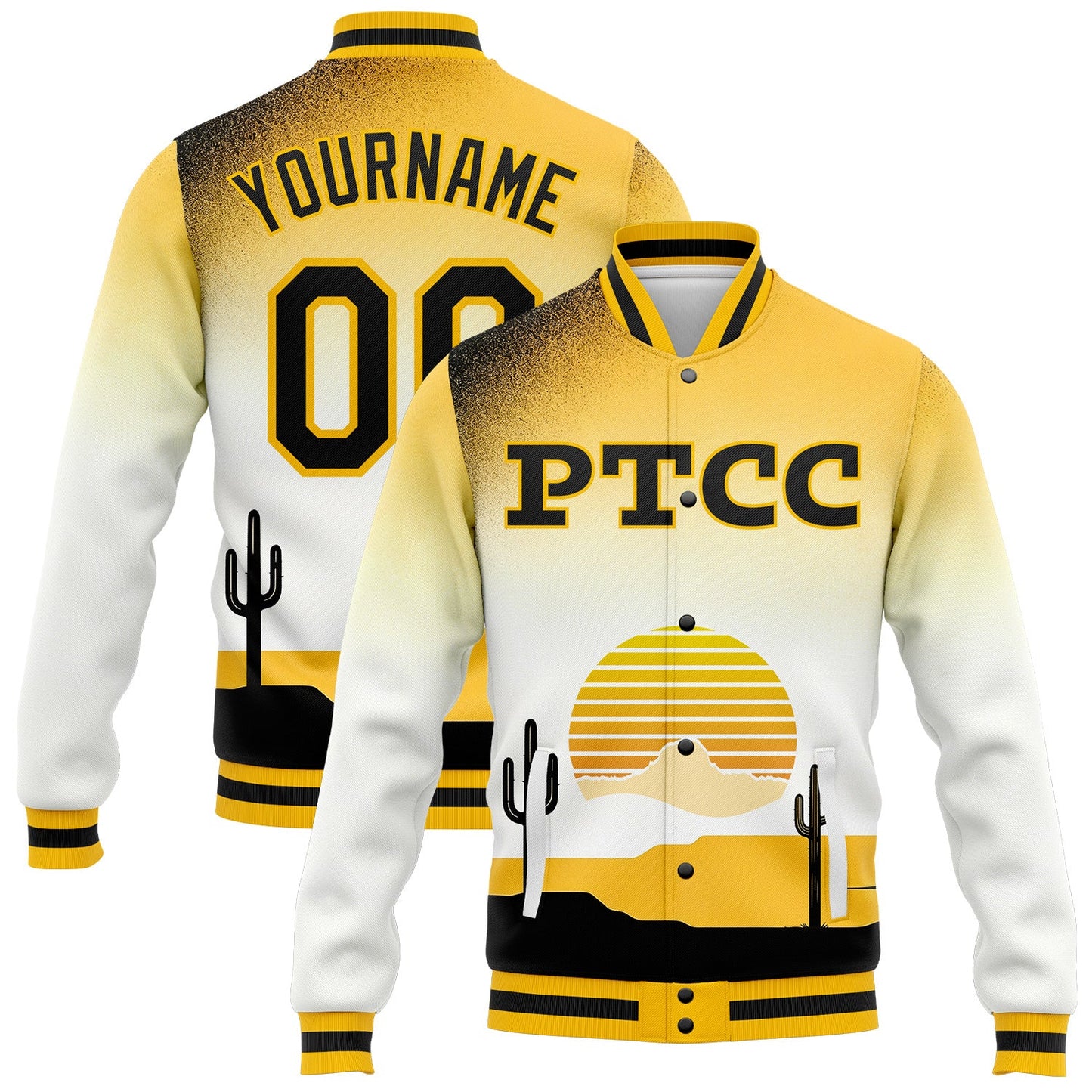 Custom White Black-Gold PTCC Bomber Full-Snap Varsity Letterman Jacket - Main View