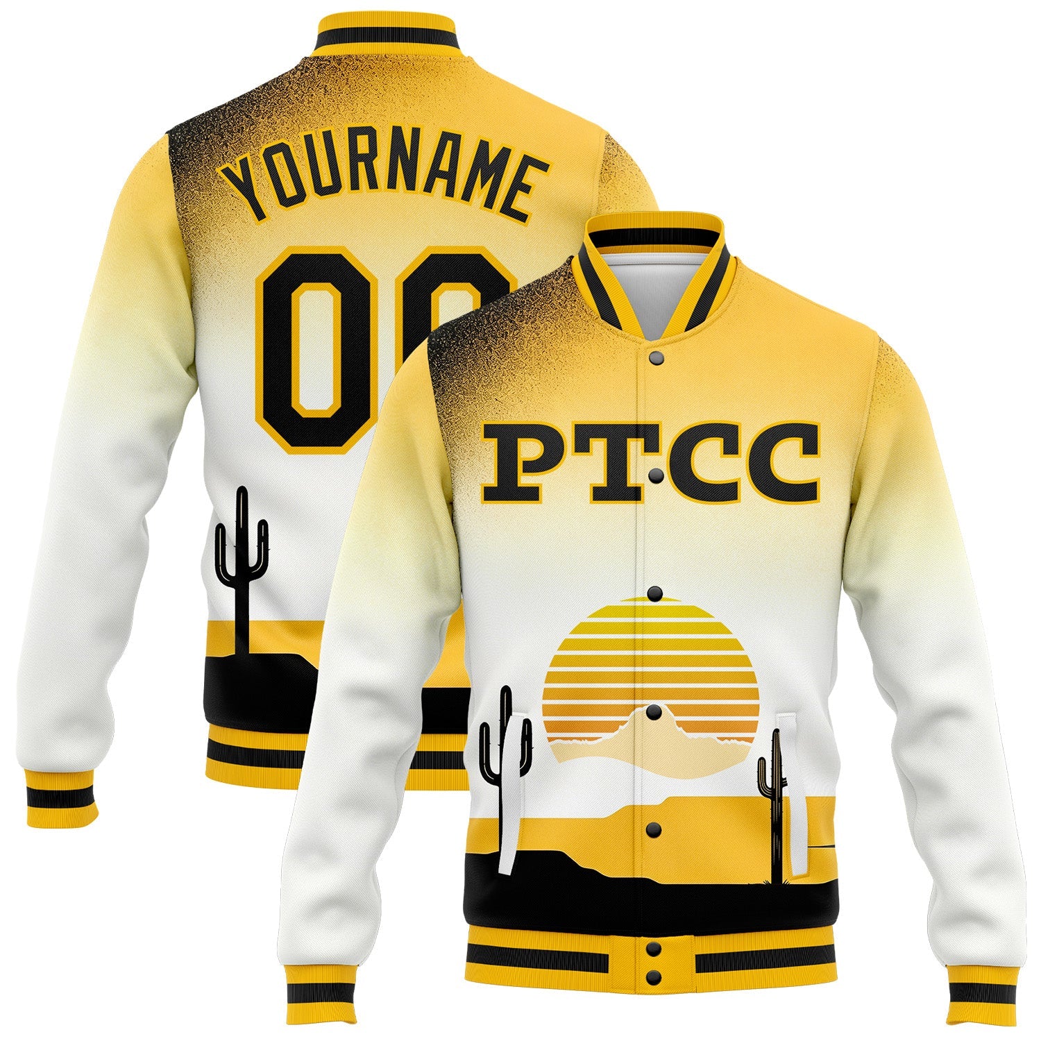 Custom White Black-Gold PTCC Bomber Full-Snap Varsity Letterman Jacket - Main View