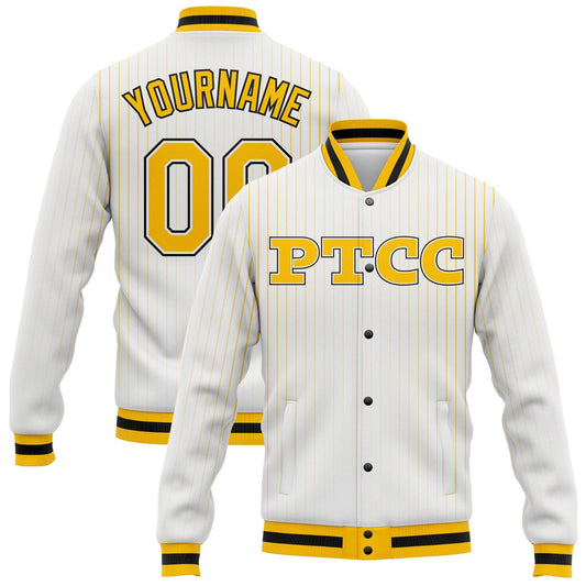 Custom White Pinstripe Gold-Black PTCC Bomber Full-Snap Varsity Letterman Jacket - Main View