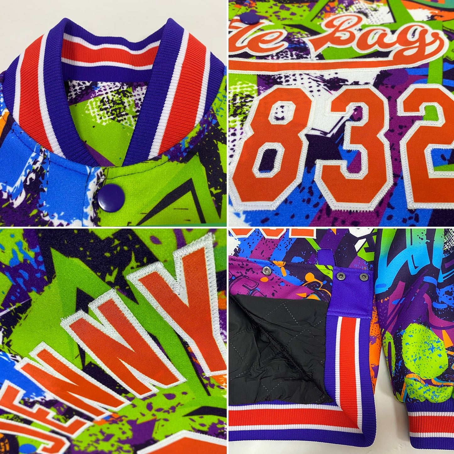 Custom Graffiti Pattern Orange-White Grunge Street Art 3D Bomber Full-Snap Varsity Letterman Jacket view 4