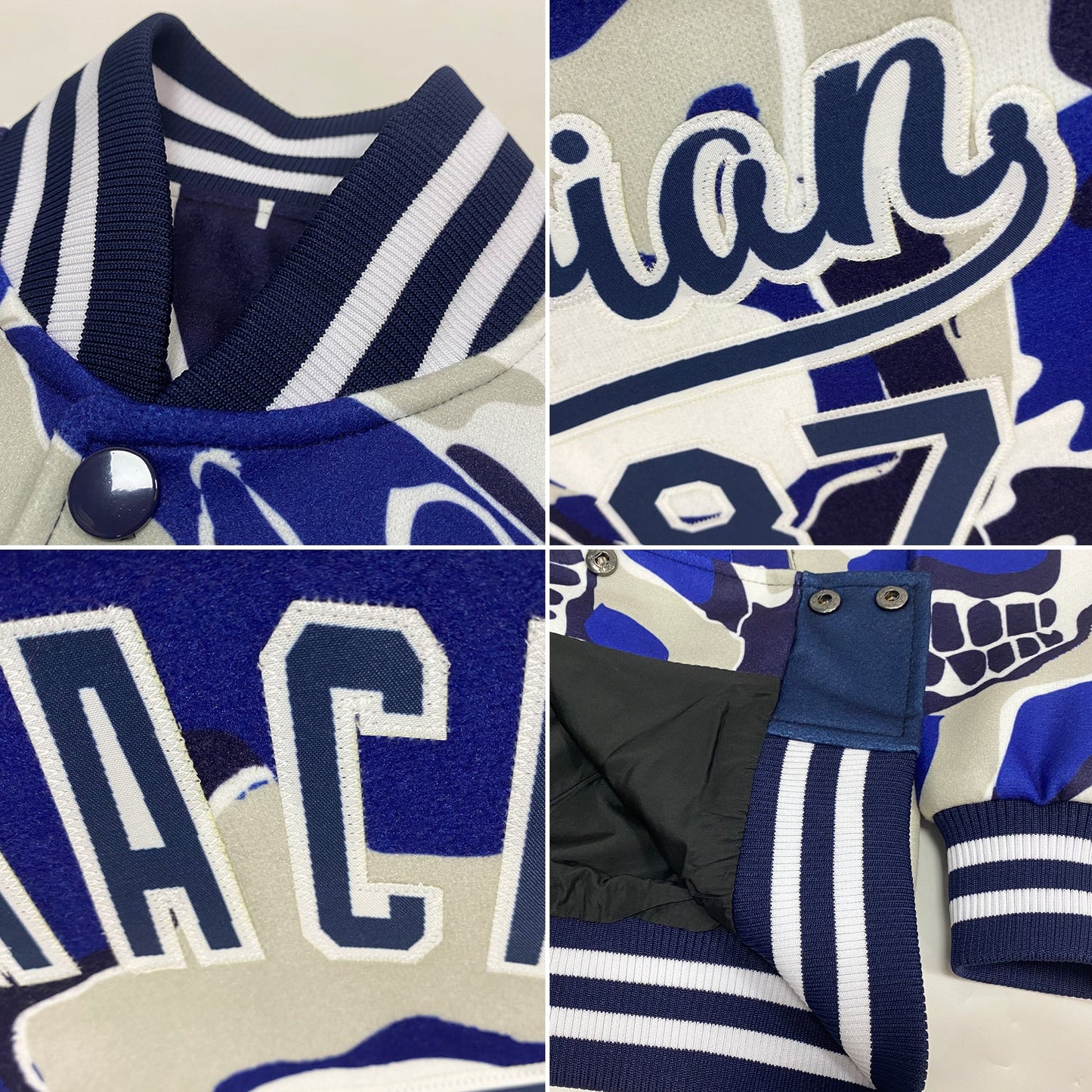 Custom Camo Navy-White Skull Fashion 3D Bomber Full-Snap Varsity Letterman Salute To Service Jacket view 4
