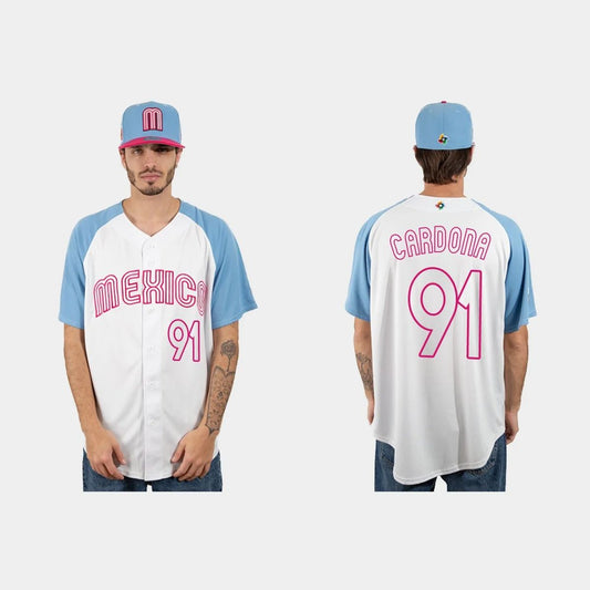 #91 JOSE CARDONA MEXICO BASEBALL 2023 WORLD BASEBALL CLASSIC JERSEY ¨C WHITE BLUE Stitches Baseball Jerseys - Main View