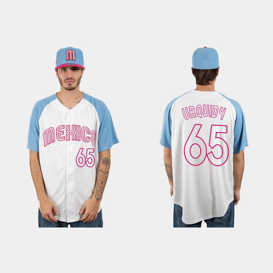 #65 JOSE URQUIDY MEXICO BASEBALL 2023 WORLD BASEBALL CLASSIC JERSEY ¨C WHITE BLUE Stitches Baseball Jerseys - Main View