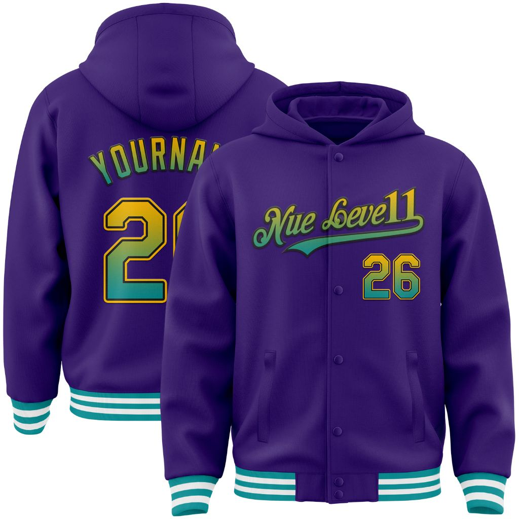 Custom Purple Teal-Gold Bomber Full-Snap Varsity Letterman NUE LEVE11 Hoodie Jacket - Main View