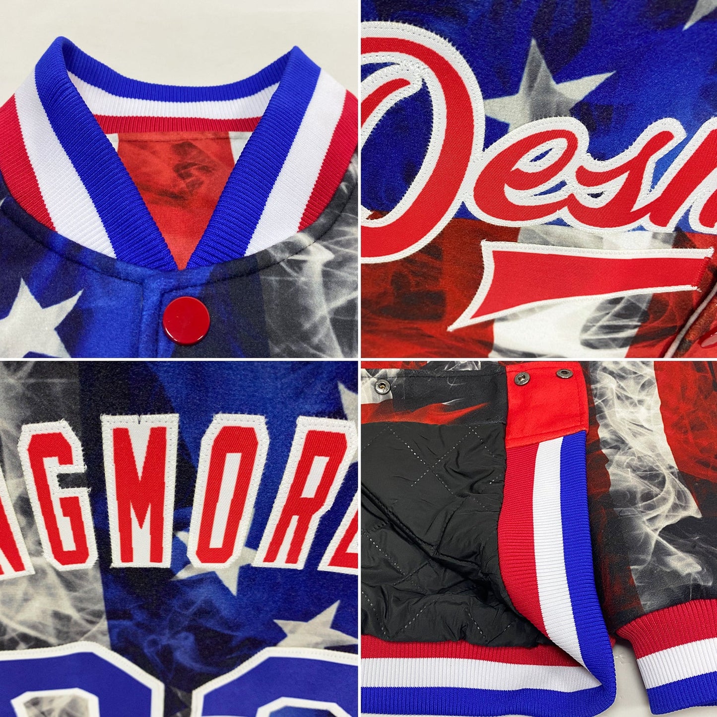 Custom White Royal-Red American Flag Fashion 3D Bomber Full-Snap Varsity Letterman Jacket view 4