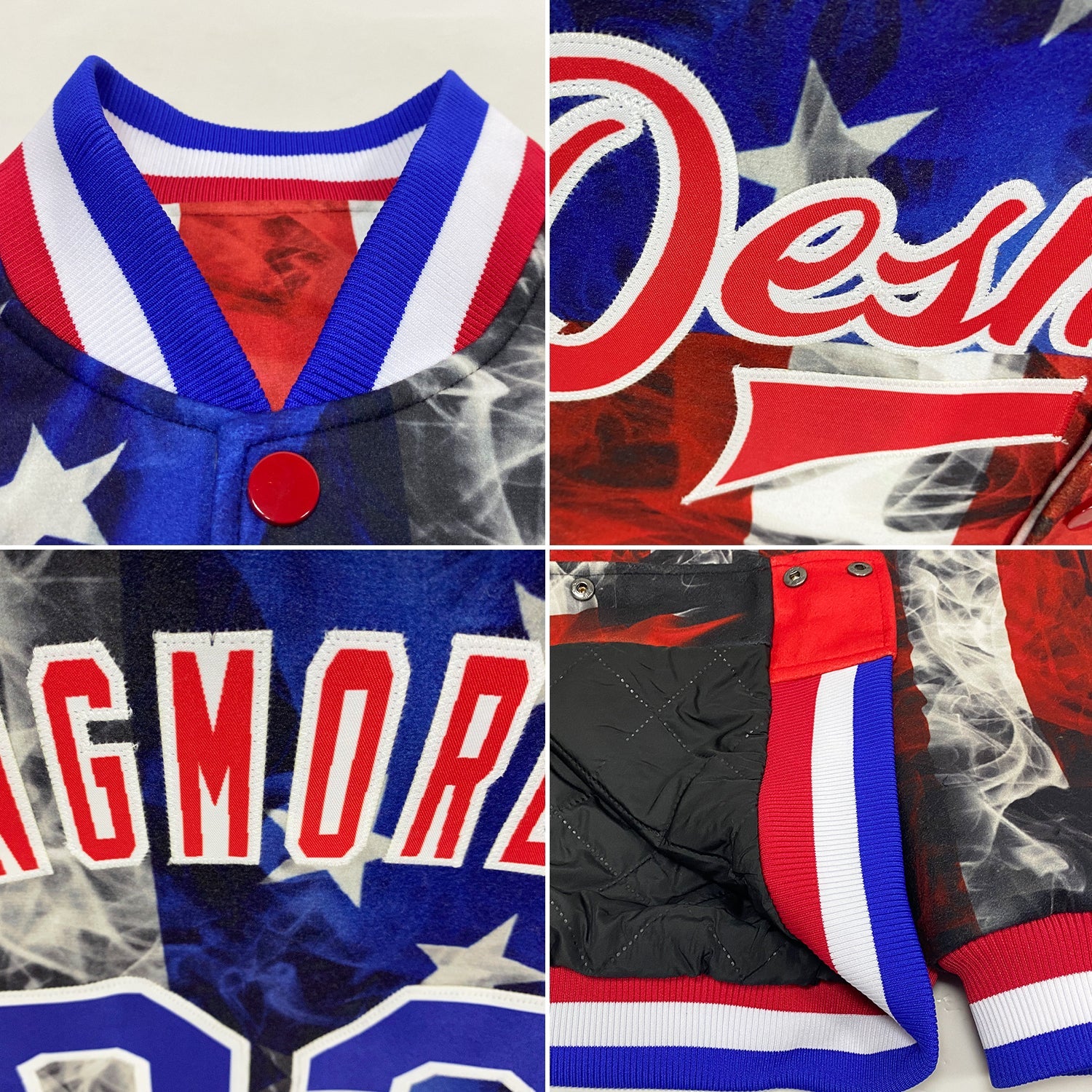 Custom White Royal-Red American Flag Fashion 3D Bomber Full-Snap Varsity Letterman Jacket view 4